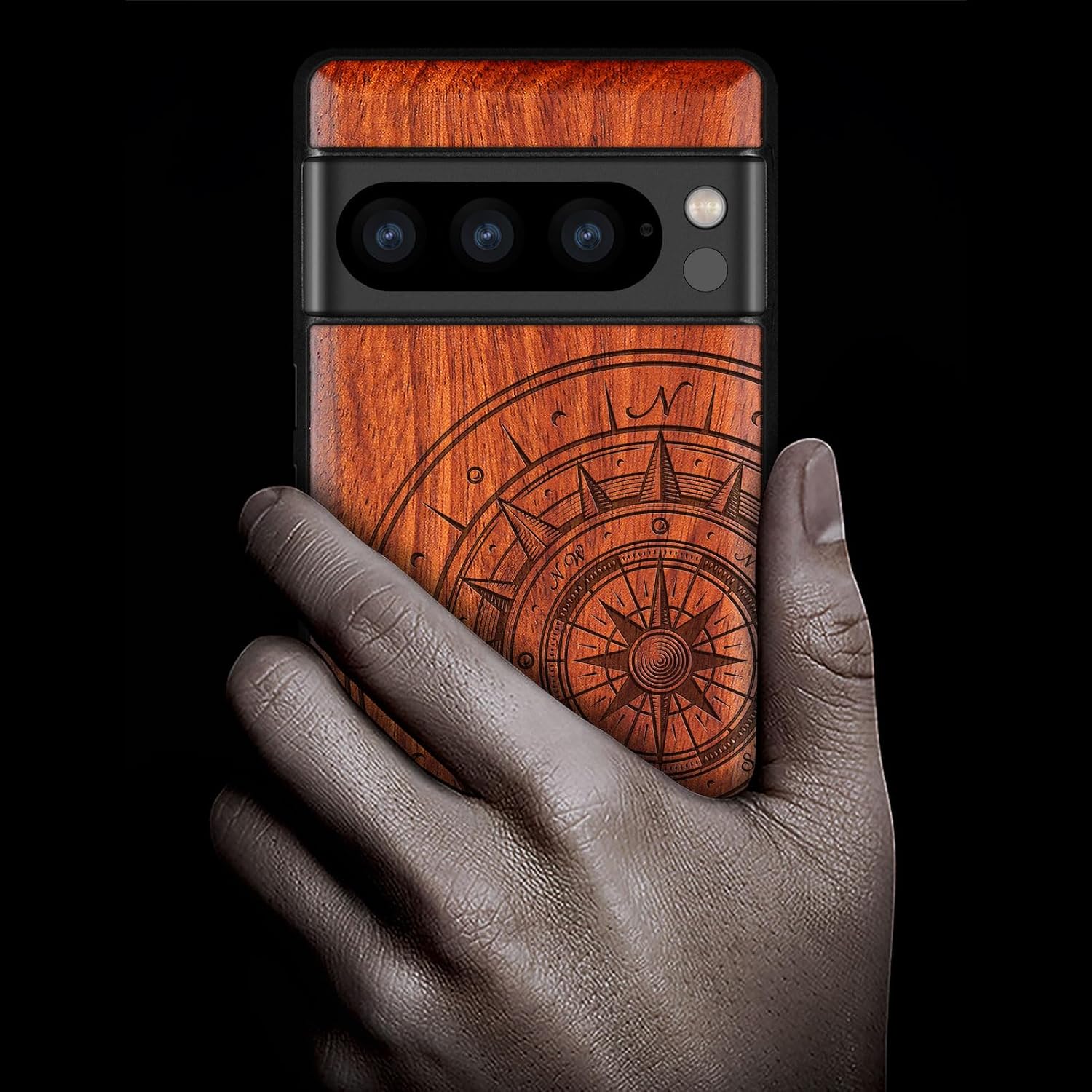 Carveit Wood Case for Pixel 8 Pro Case [Natural Wood & Black Soft TPU] Shockproof Protective Unique Wooden Cover Compatible with Google Pixel 8 Pro (Wave Compass-Rosy)