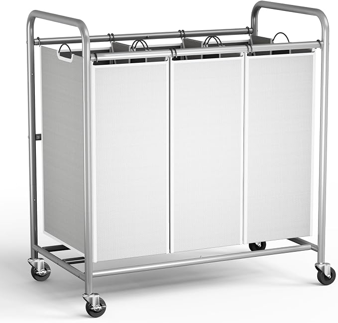 ROMOON Laundry Sorter, 3 Section Heavy Duty Laundry Hamper with Wheels and Removable Liners, Space-Saving Organizer for Laundry Room, Apartment, Dorm, Closet Storage (Gray)