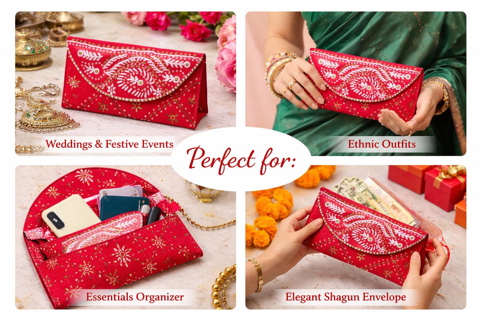 Red Silk Money Cover | Hand-Painted Paisley & Floral Cash Envelope for Weddings, Shagun & Gifting - Reusable Traditional Silk Envelope. 3