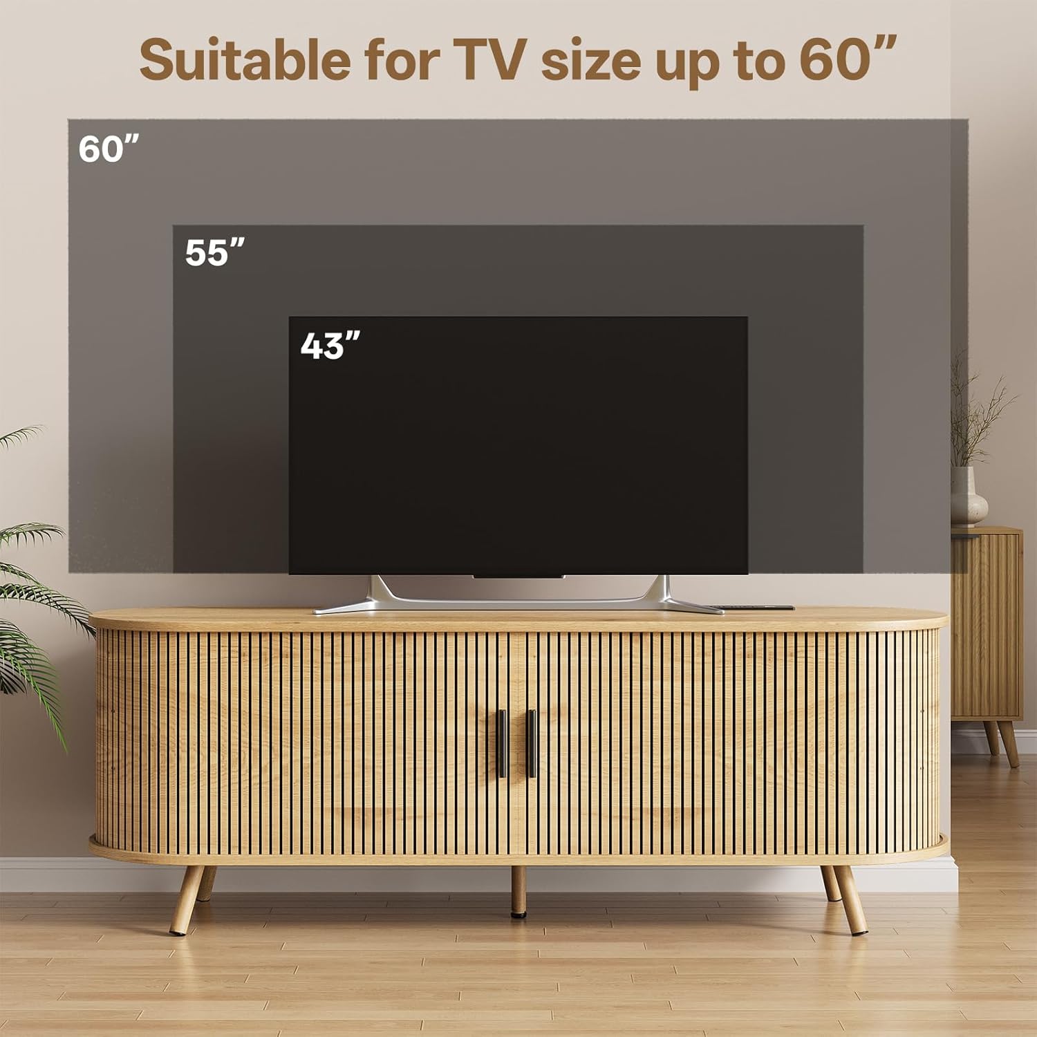 55 inch TV Stand with Power Outlet, Fluted Entertainment Center for TVs Up to 60 inch, Modern TV Console with Large Storage & Sliding Doors, Media Console for Living Room|Bedroom, Nature Oak