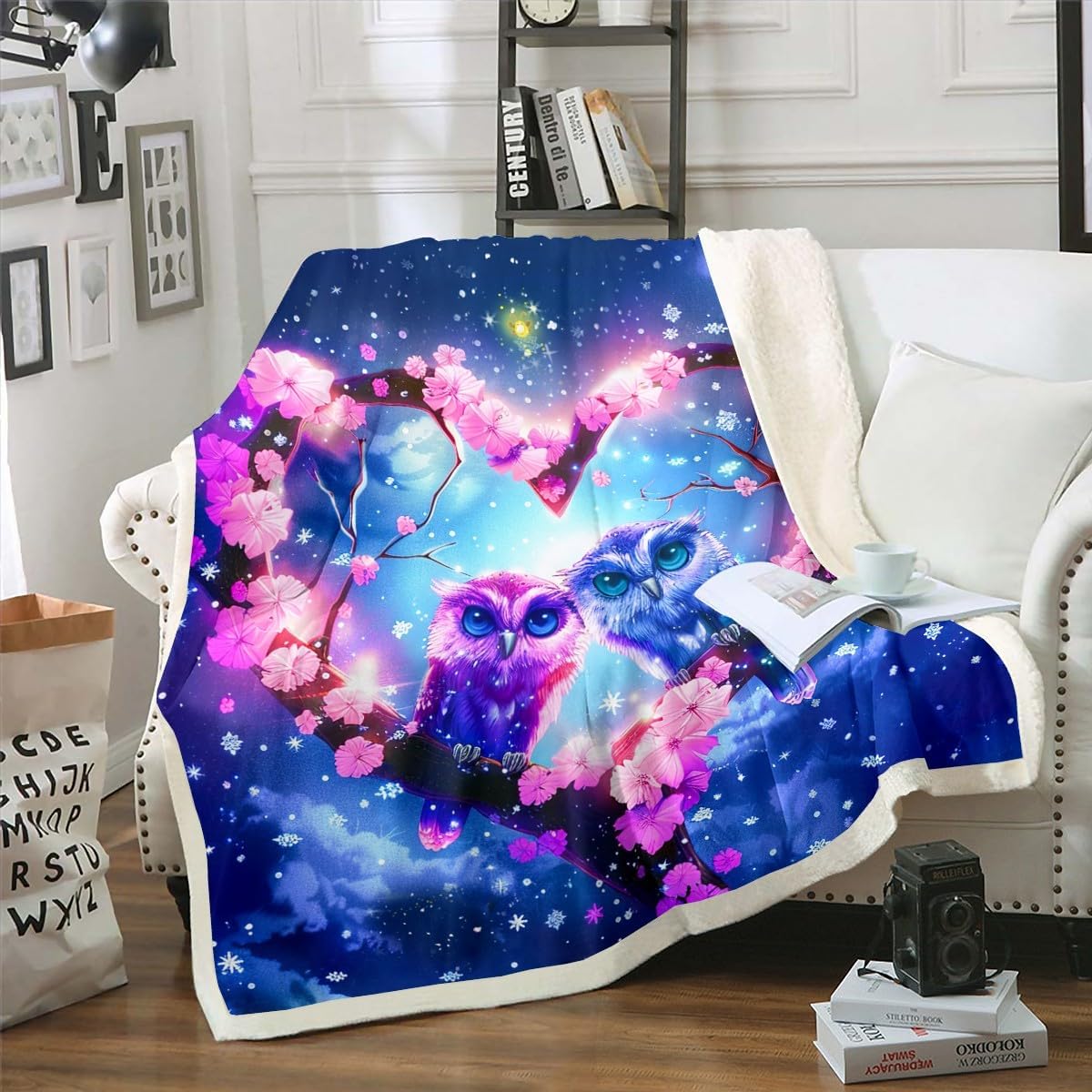 Cartoon Owls Fleece Throw Blanket Cute Owl Sherpa Blanket for Kids Adult 3D Animal Plush Blanket Galaxy Botanical Floral Fuzzy Blanket for Sofa Couch Starry Sky Colorful Room Decor Twin 60x80 Inch