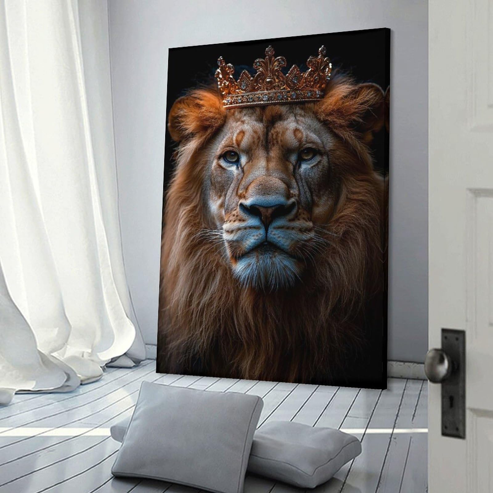 Junmoney Lion King Portrait with Golden Crown Canvas Art Print, 20x30inch(50x75cm), for Living Room, Bedroom, Office Or Hallway, Decorative Artwork with Broad Appeal