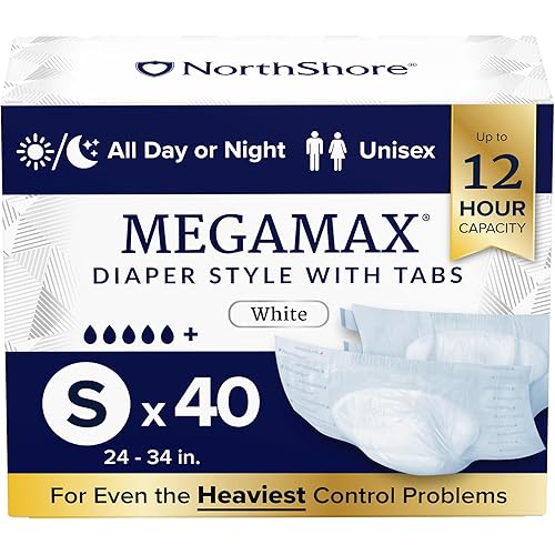 NorthShore MegaMax Adult Overnight Diapers, 12-Hour Tab-Style, Small, 40 Count Case, White, 24-34 inches, Unisex Incontinence Underwear