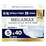 NorthShore MegaMax Adult Overnight Diapers, 12-Hour Tab-Style, Small, 40 Count Case, White, 24-34 inches, Unisex Incontinence Underwear