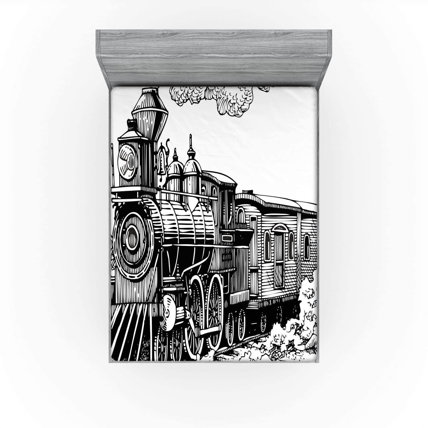 Ambesonne Steam Engine 2 Pack Fitted Sheet, Rustic Old Train, Bed Cover All-Round Elastic Deep Pockets 2 Pieces, Package Contains 2 California King Fitted Sheets, White and Black