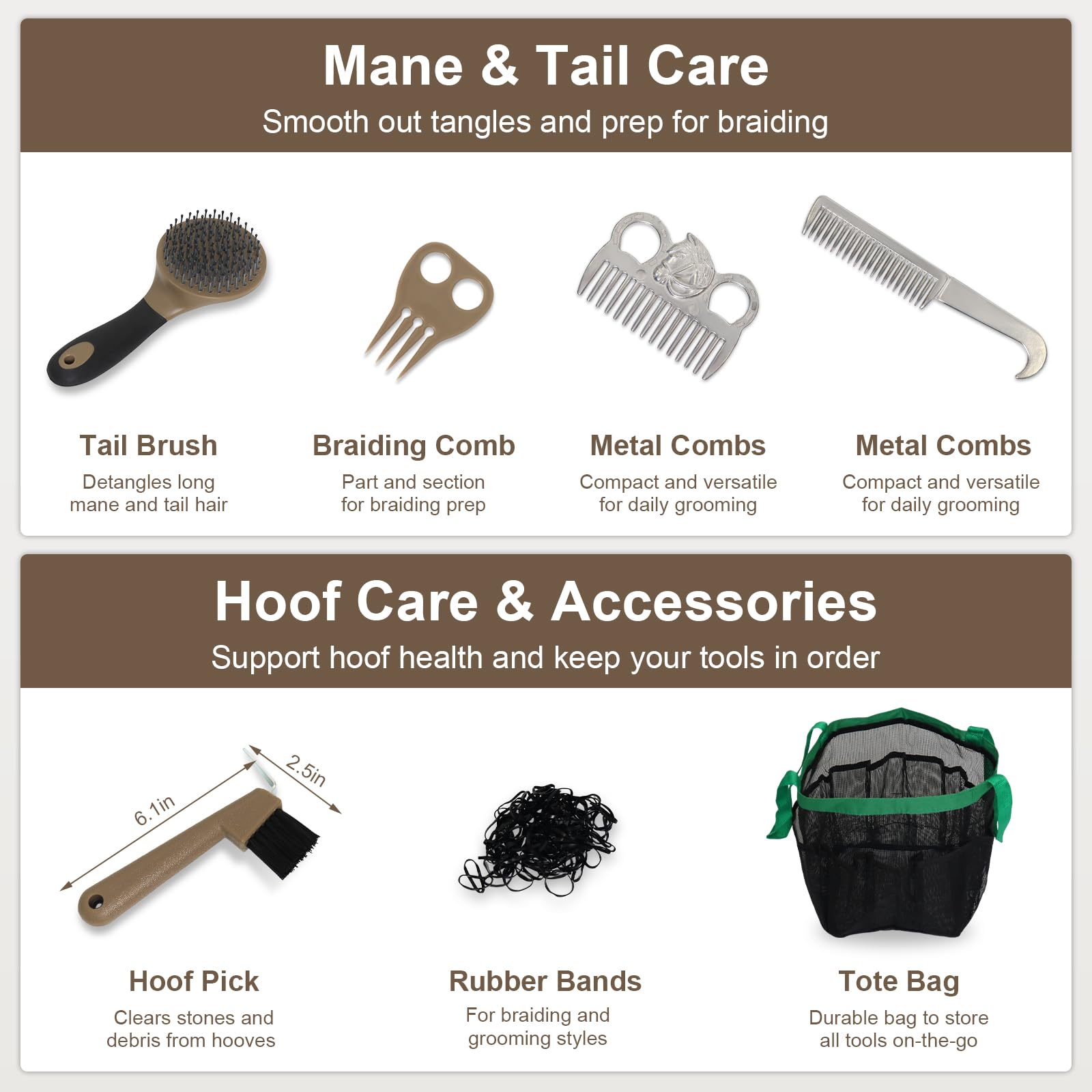 Swess Horse Grooming Kit 14 Pieces, Horse Brushes Set for Grooming & Bathing Supplies, Professional Horse Supplies with Mane & Tail Comb, Curry Comb, Hoof Pick, Gloves & Mesh Tote Bag for Equine Care - image 3