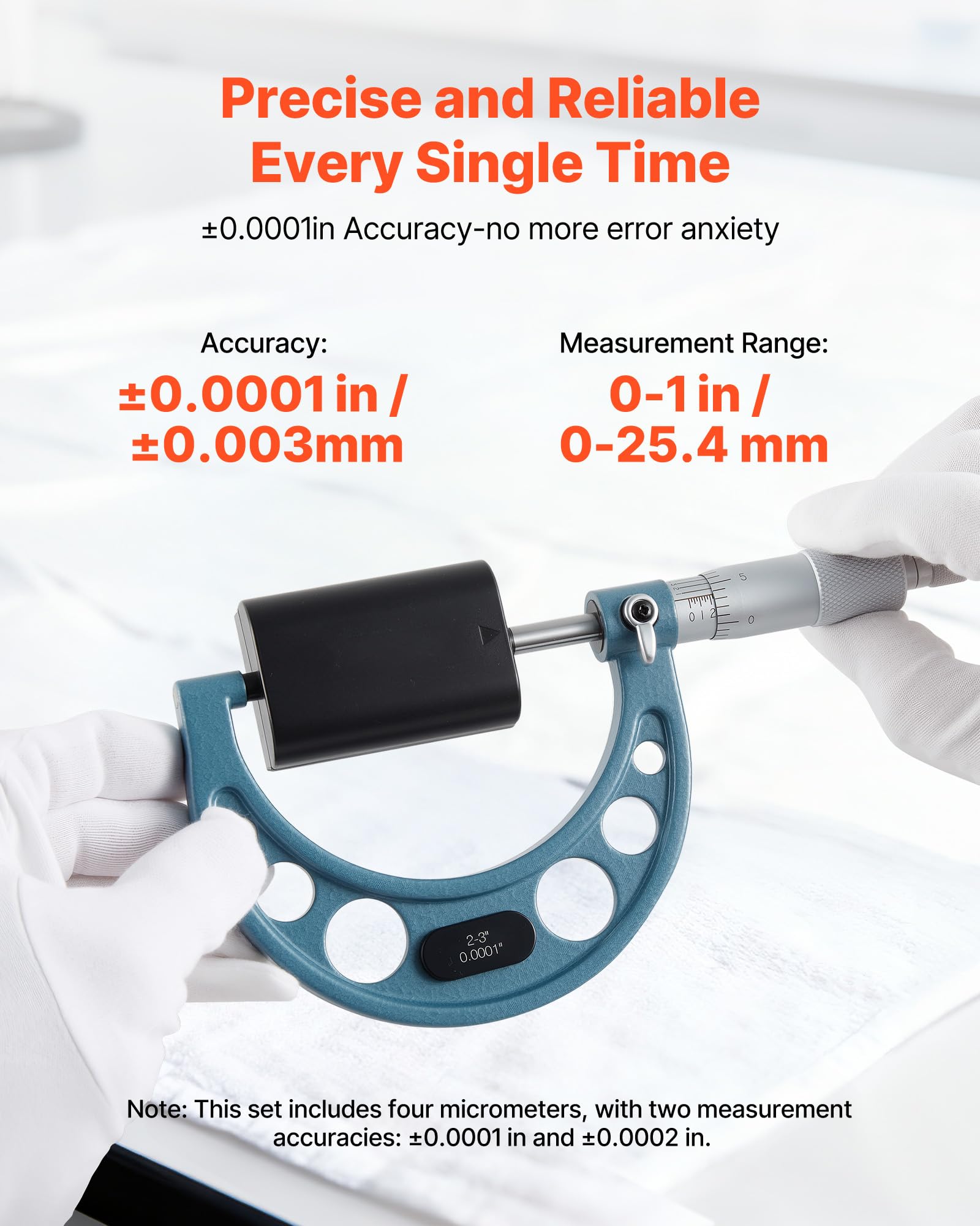 VEVOR Bügelmessschraube 4-tlg. Set, Mikrometer mit einer Messgenauigkeit von 0,0001/0,0002 Zoll, Messschraube für Metallbearbeitung & Maschinenbau mit Koffer, 0-1/1-2/2-3/3-4 Zoll