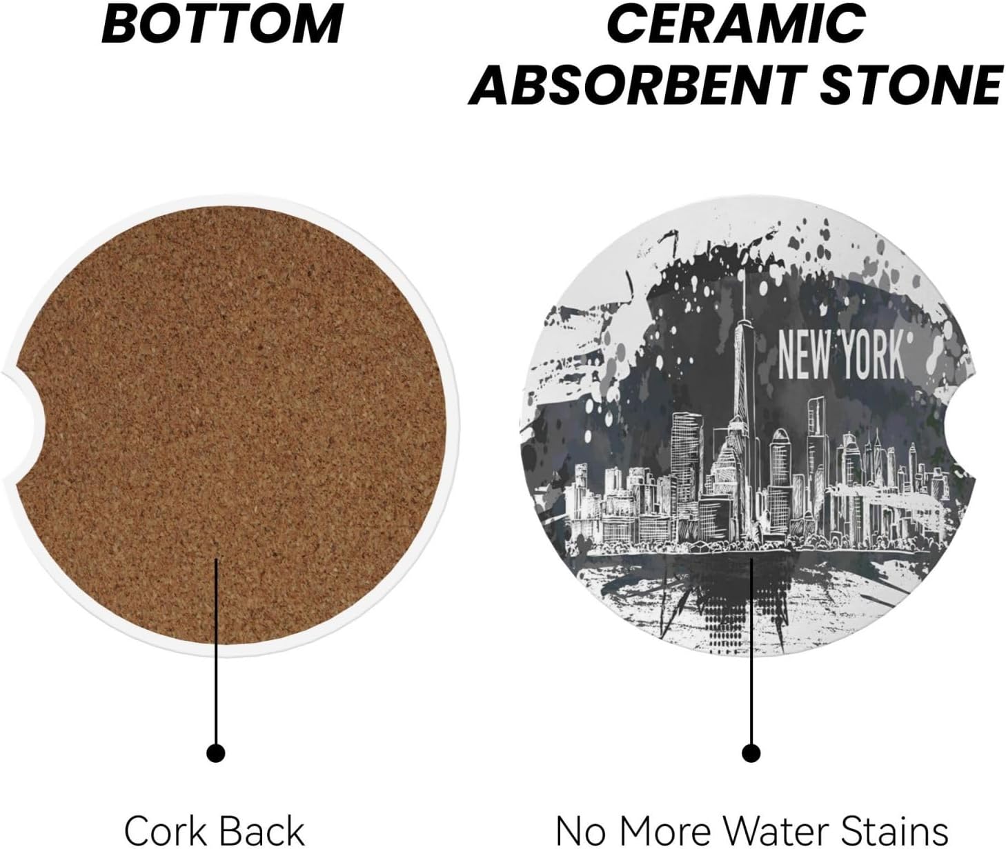 New York Car Coasters for Cup Holder, 2 Pack Absorbent Ceramic Car Coaster with Finger Notch & Cork Base - Image 2