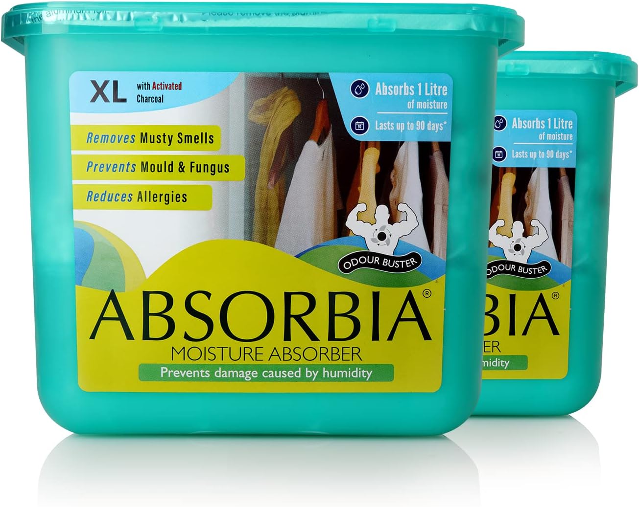 Absorbia Moisture Absorber XL with Activated Charcoal | Pack of 2 (450 g X 2 boxes) | 1L Absorbs|Dehumidifier for Rooms & Wardrobes|Fights Against Moisture, Mould, Fungus