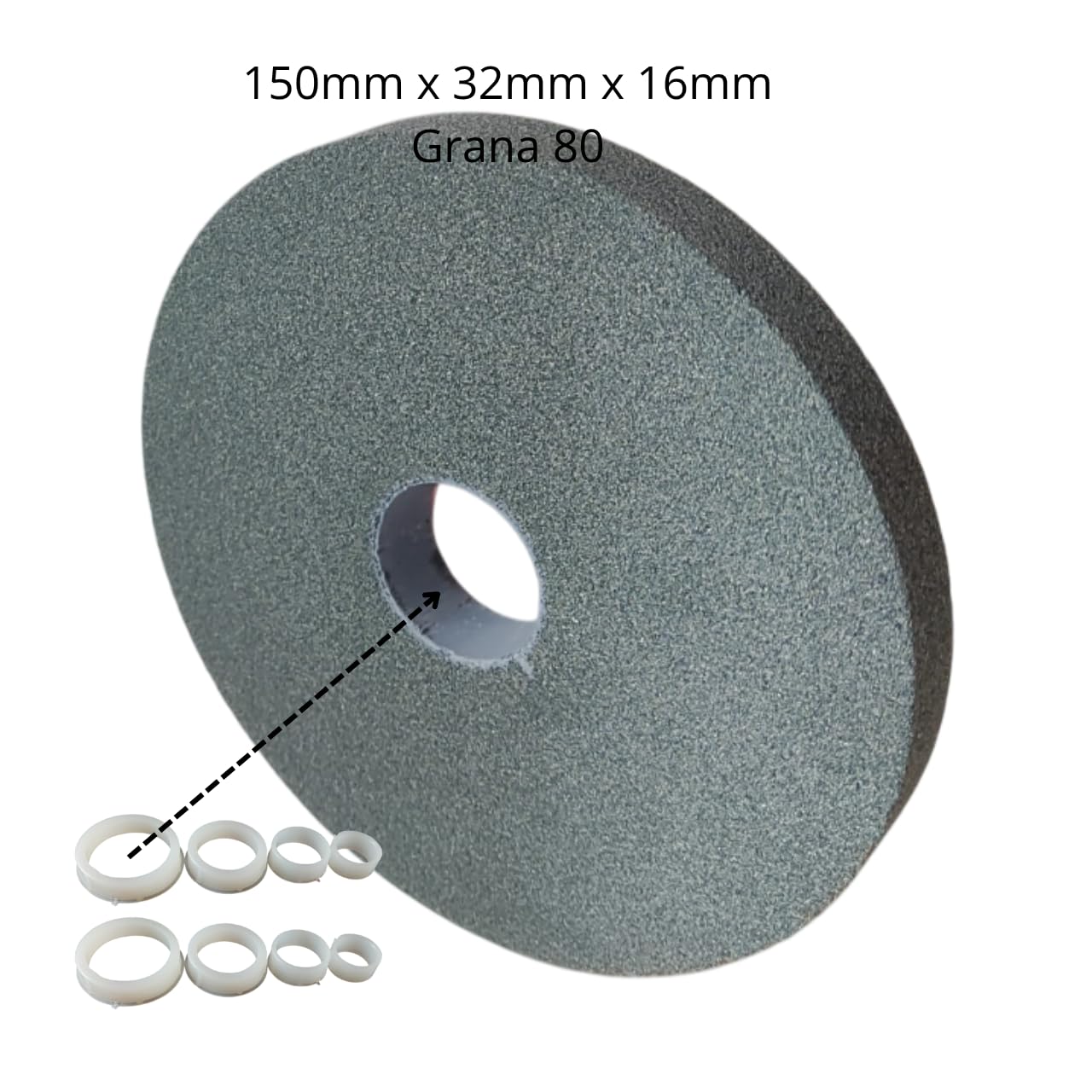 Disco Mola Abrasiva per Smerigliatrice da Banco 150x16 mm | Grana 80 | Set Professionale con 4 Anelli di Riduzione (32mm a 12.7mm) | Pietra Abrasiva per Metallo, Acciaio, Affilatura e Fai-da-Te