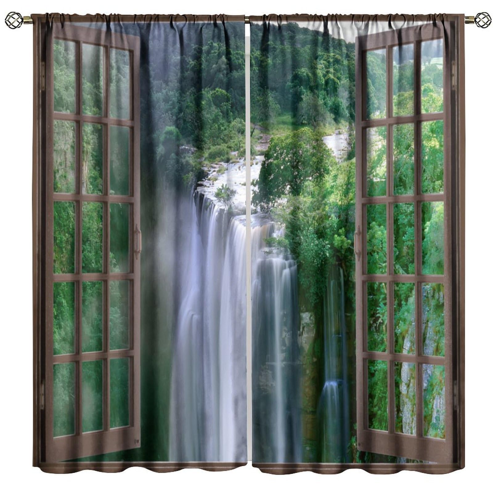 BenYaSong Forest Waterfall Blackout Curtain Waterfall Landscape Outside Window Scenery Seasonal Spring Nature Rainforest for Home Kitchen Livingroom Coffee Room Window Drapes 2Panel 63" W X 72" L