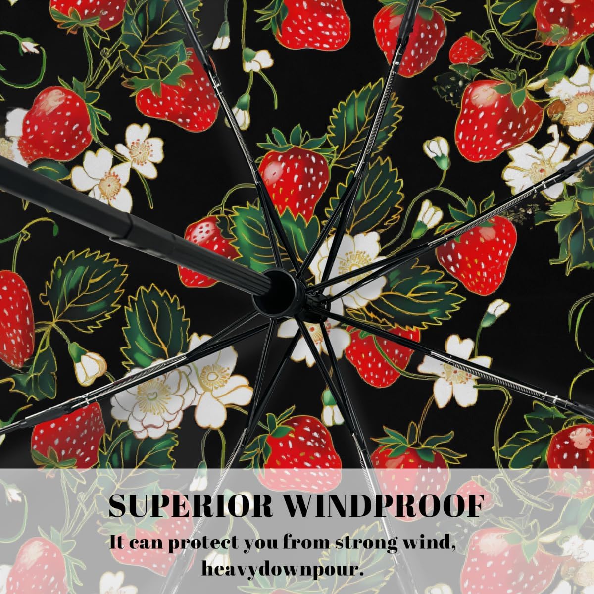 Red Strawberries White Flowers Folding Umbrella Windproof Compact Lightweight Travel Umbrella with 8 Reinforced Ribs, Portable UV Sun & Rain Protection for Men & Women
