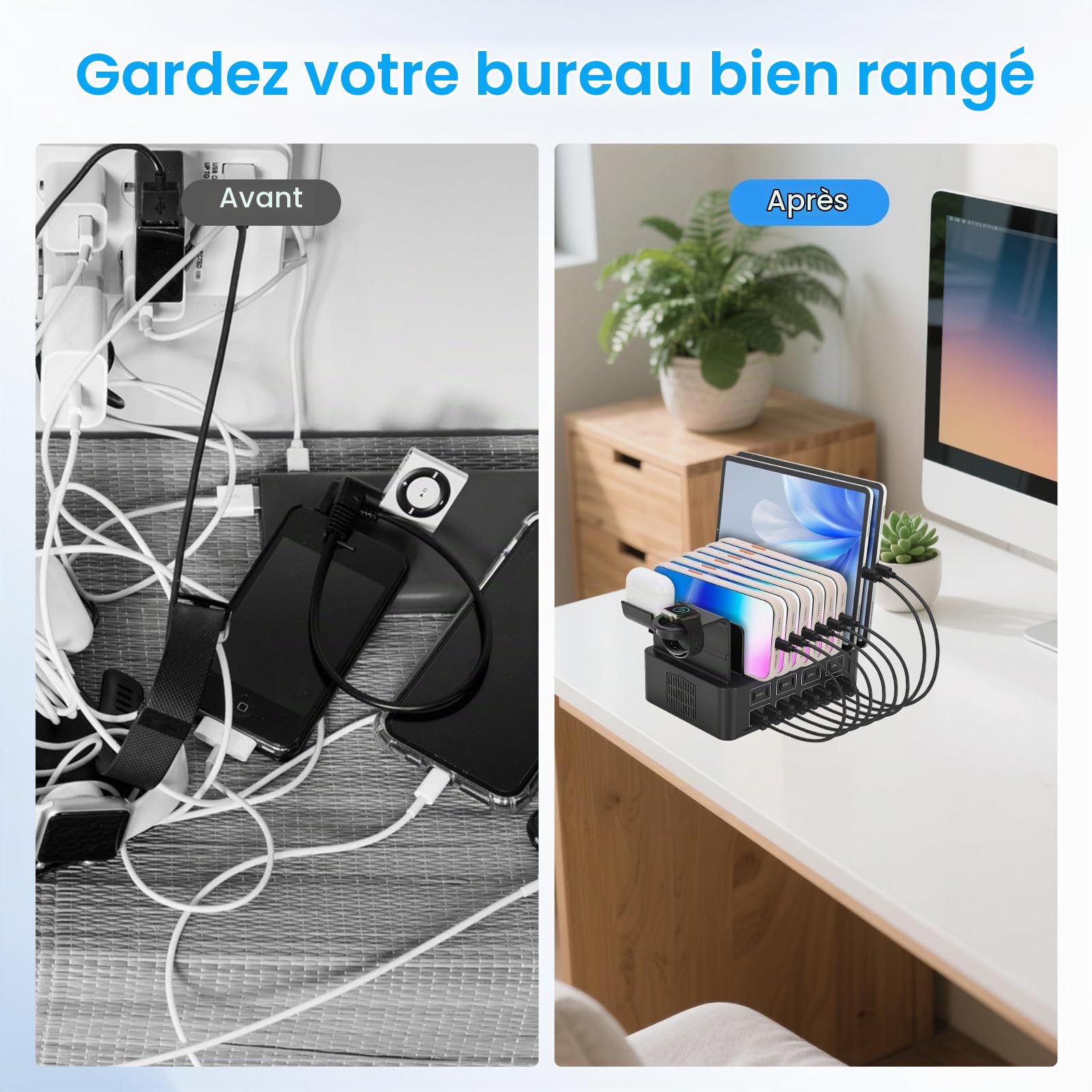 Station de Chargement USB, Station de Recharge 16 Ports 15W avec 8 Câbles, Support Chargeur Telephone,Station de Charge Telephone Portable