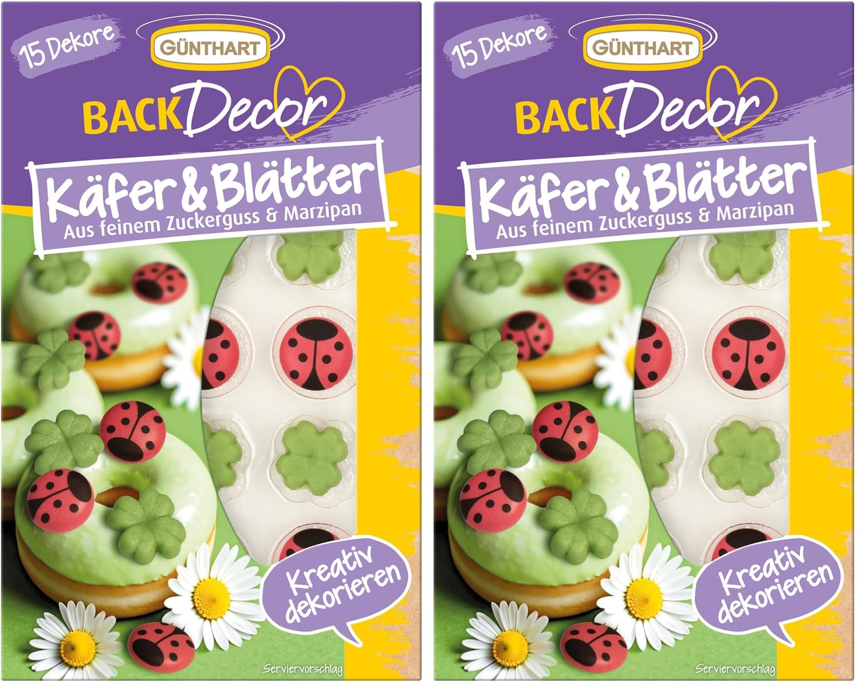 Günthart BackDecor 15 Stück Zuckerdekore Käfer und Kleeblätter aus Zucker und Marzipan, essbar, 1er Set (12 gr) (Packung mit 2)