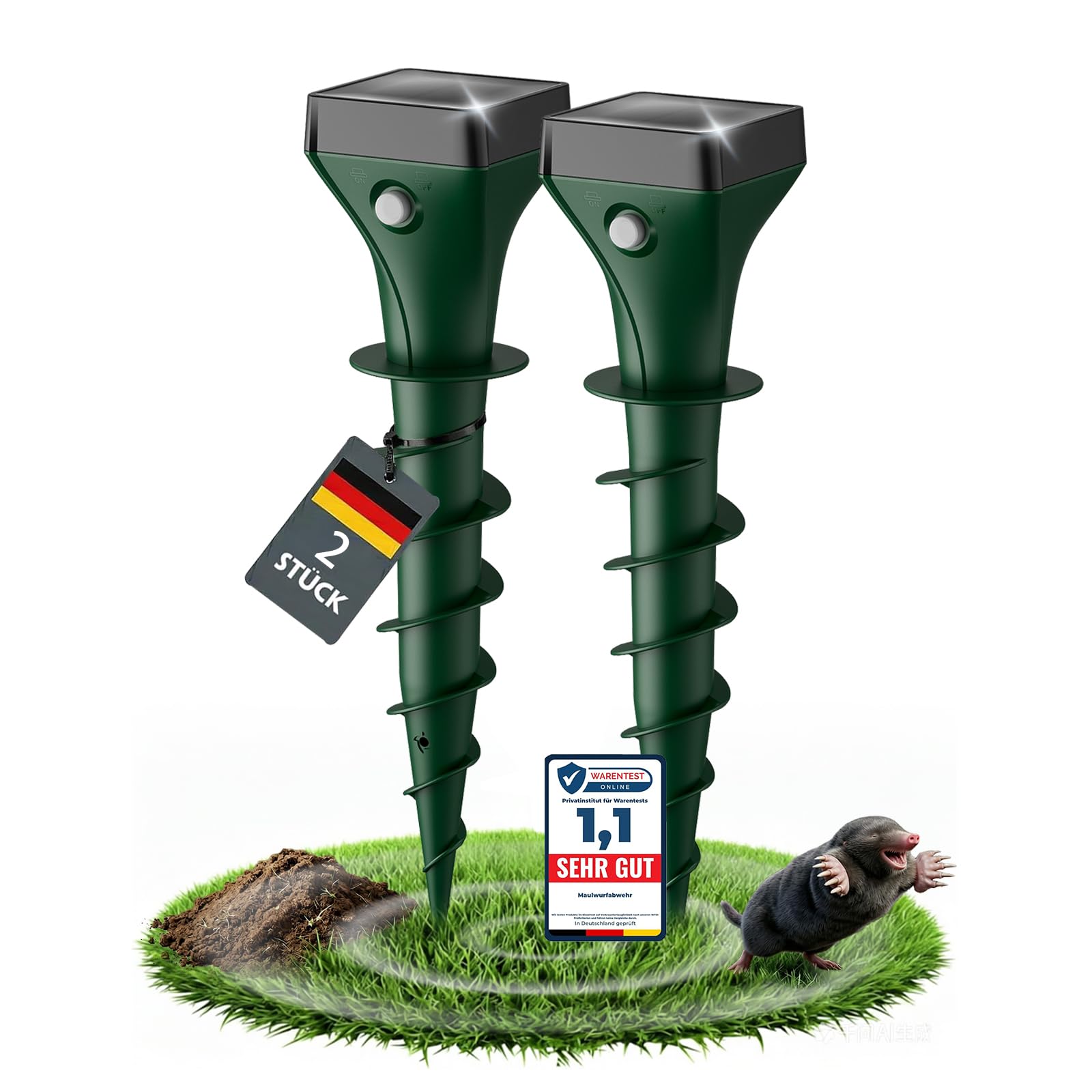 Elezenioc Maulwurf Vertreiber Solar 2er, Ultraschall Maulwurfschreck gegen Maulwürfe und Wühlmäuse, IP65 Wasserdicht, Wetterfest & Tierfreundlich, Wühlmausschreck für den Outdoor, Garten, Rasen