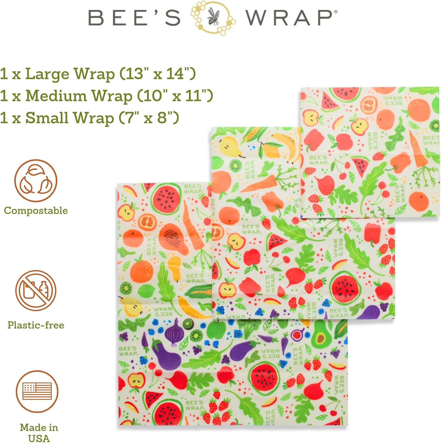 Bee's Wrap What's in My Fridge Collection - Beeswax Food Wraps Bundle Includes 3 Garden Party Prints & 3 Fresh Fruit Prints - Made in the USA Beeswax Reusable Wraps for Food