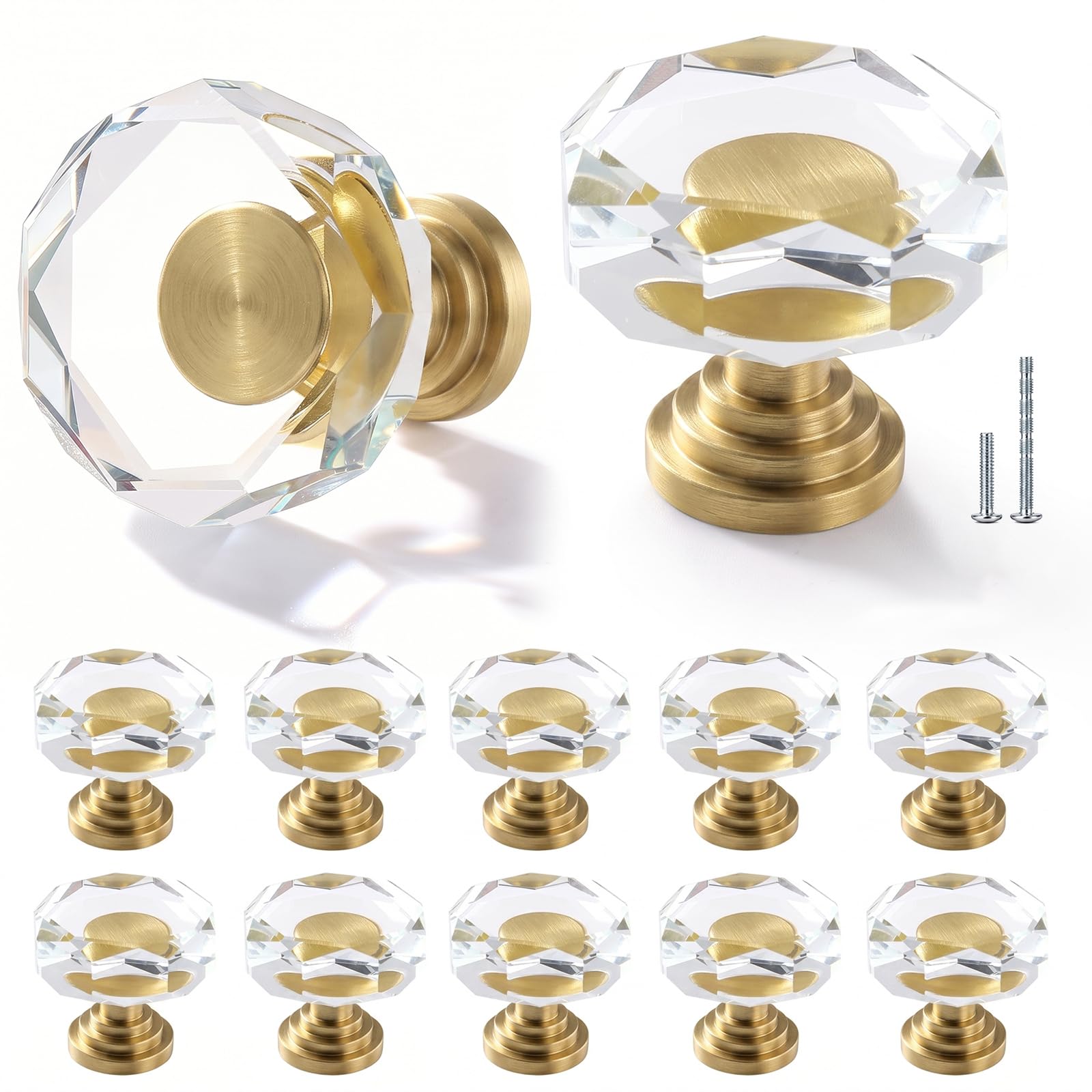 12 Pack 1-1/4 Inch Glass Crystal Cabinet Knobs, Brass Polygon Drawer Pulls