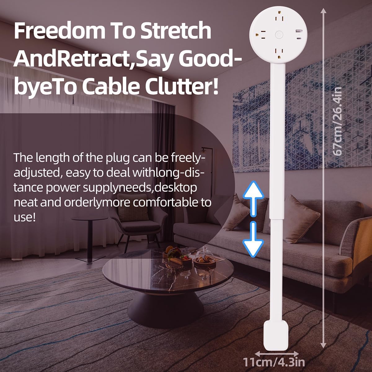 Electrical Outlet Rotating Telescopic Extender Stick,180° Swivel, Can Telescopic17-27in for Hard-to-Reach Outlets Behind Couches & Desks, 2 AC Outlets, USB-A/USB-C Fast Charging Port (Circle 1PCS)
