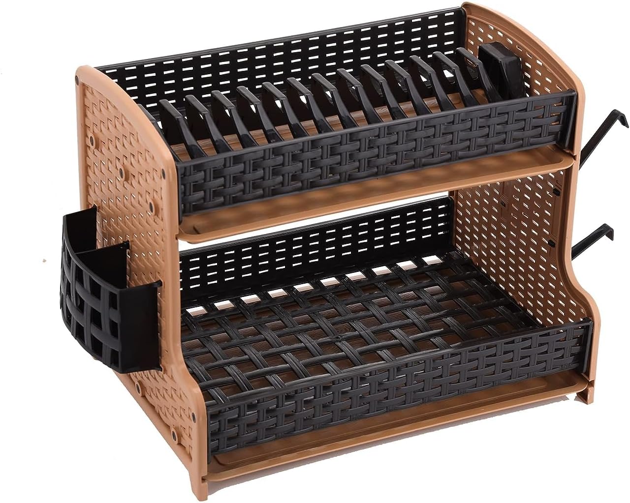 RoyalFord Galaxy 2 Layer Rattan Dish Rack, Plastic Drip Tray, RF10798 Multi Purpose Tier Rack with Cup Holder & Cutlery for Kitchen Countertop, Multicolor