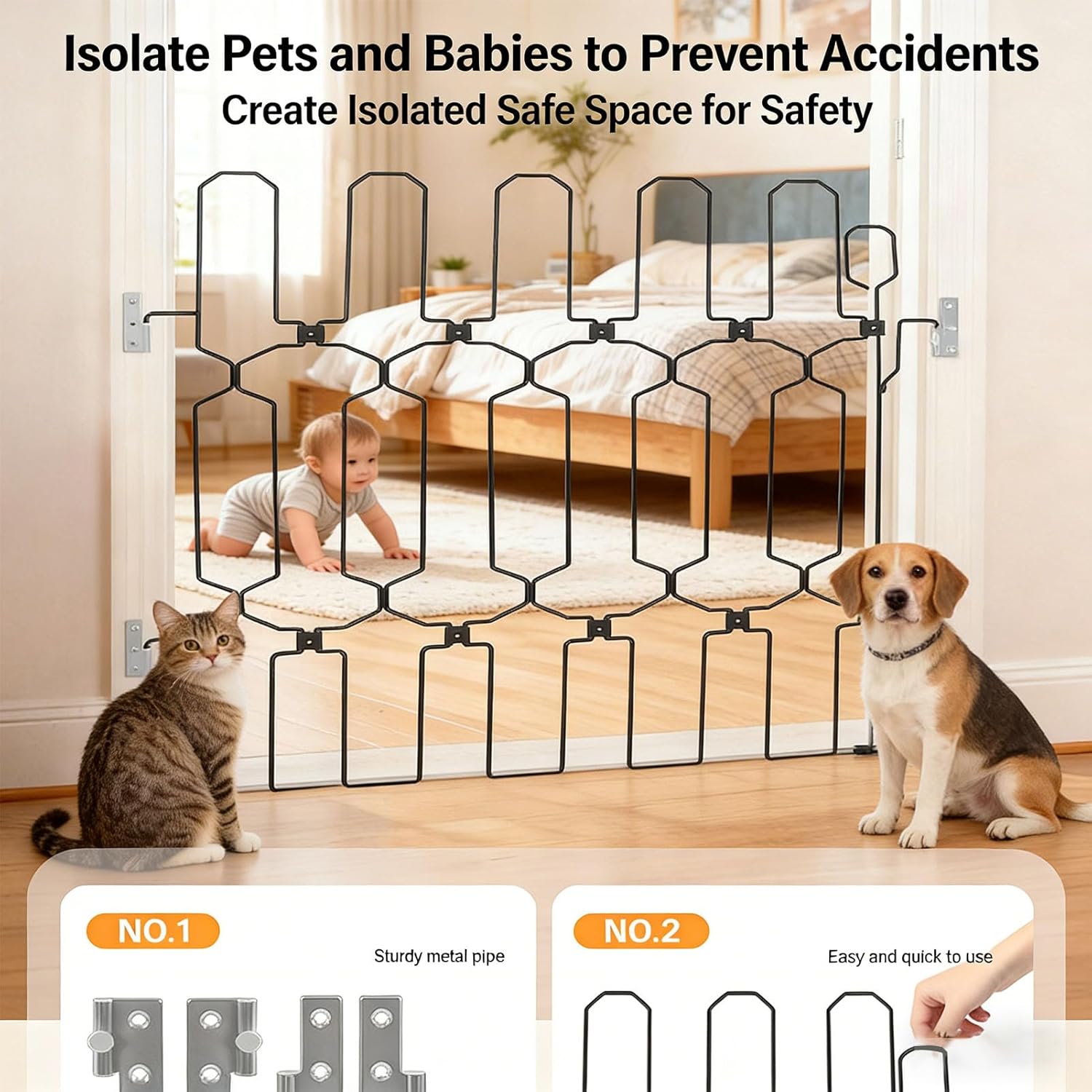 Metal Retractable Dog Gate Heighten Foldable Space Saving Front Door Barrier Secure Management Entry Dog Door Barrier with Sturdy Iron Structure for Bedrooms Kitchens Rvs