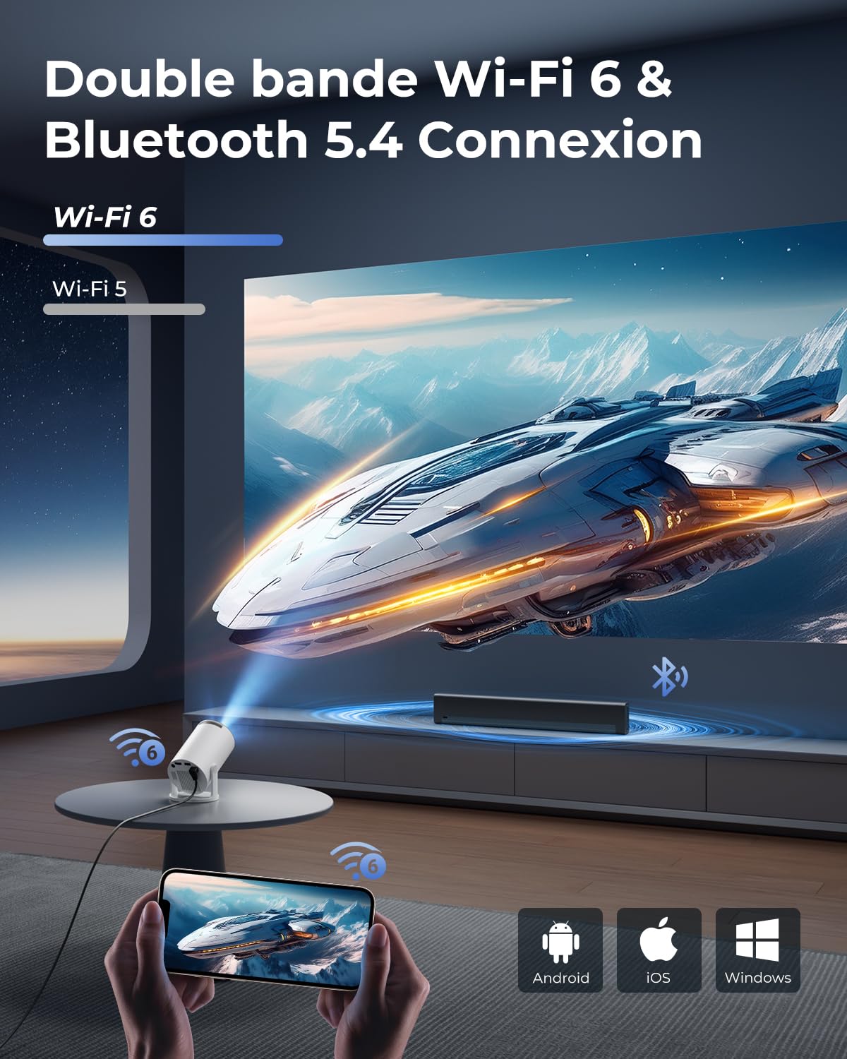 [App intégrée & Auto Keystone] Vidéoprojecteur 4K Supporte 20000 Lumens 2026 Mini Projecteur Portable avec Android TV WiFi 6 Bluetooth 5.4 Rotation 180° pour HDMI/USB/TV Stick/Smartphone/Laptop