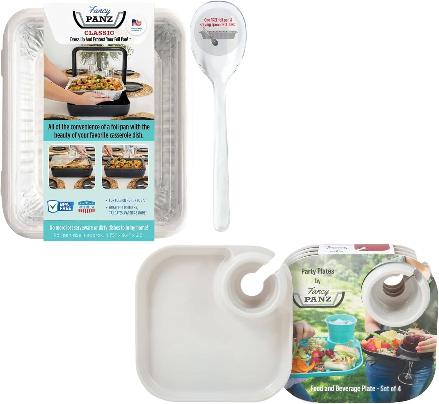 Fancy Panz White Classic Fancy Panz + White Party Plates Bundle, Made in The USA Foil Pan Carrier, Travel Casserole Carrier with Disposable Aluminum Pan & Reusable Serving Spoon