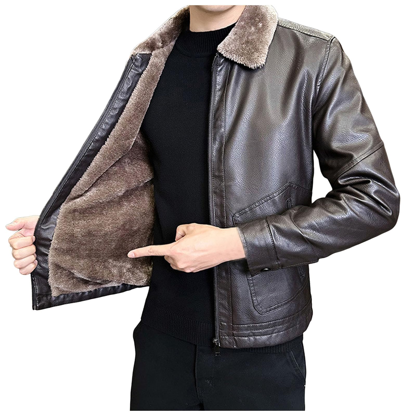 Générique Giacca da uomo a mezza stagione, in similpelle marrone, con colletto a patta e pelliccia interna con zip e tasche laterali, giacca da uomo primavera per caldo e abbigliamento casual, marrone