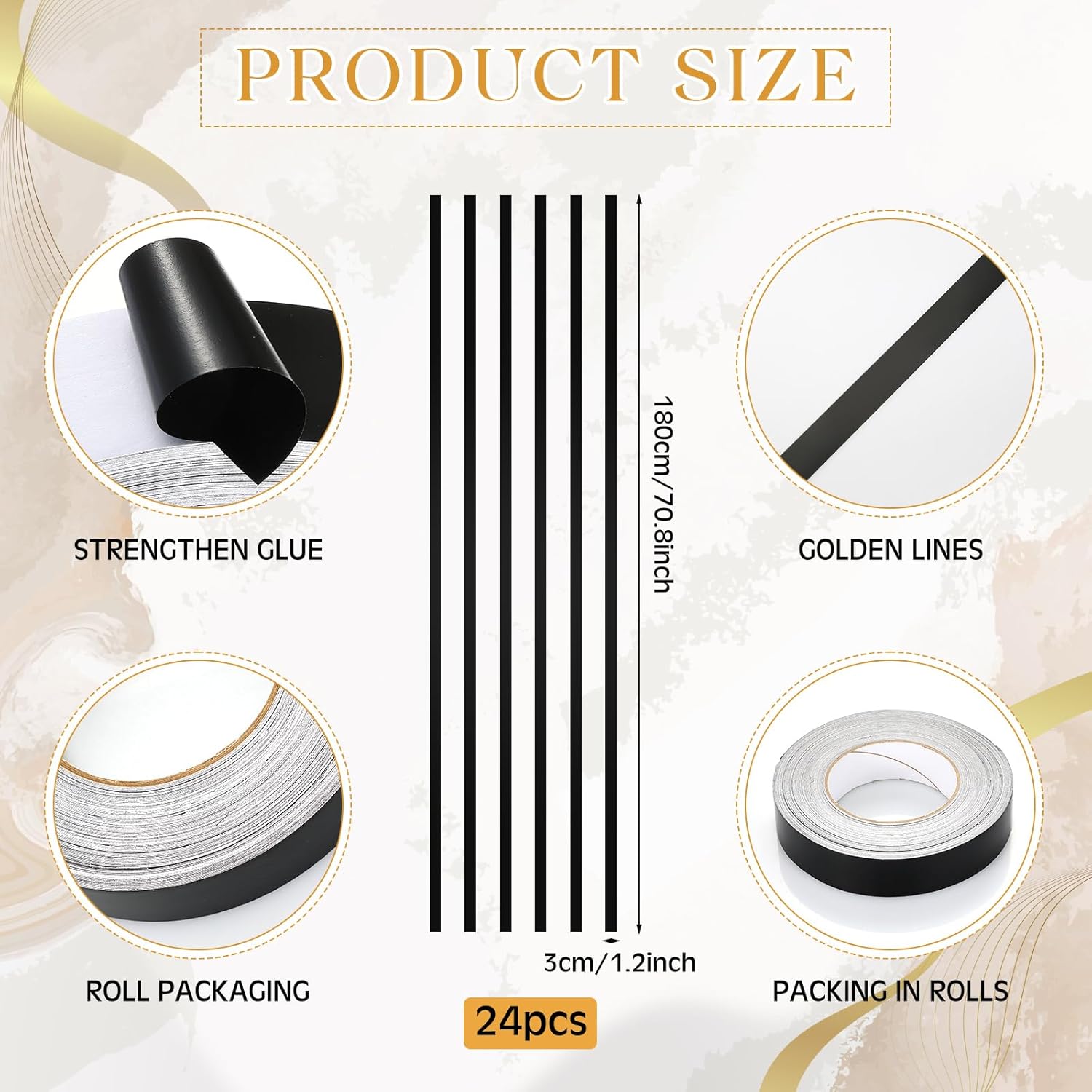 Hoolerry 24 Pcs Black Wall Decals Peel and Stick 70.8 x 1.2 Inch Black Tape for Wall Decor Metallic Line Adhesive Tile Stickers Mirror Stickers Graphic Tape for Home Crafts Decoration