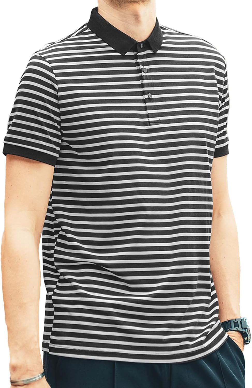Men's Polo Shirts for Men Short Sleeve Striped Pique Cotton Polo Shirt Business Casual Layering Top