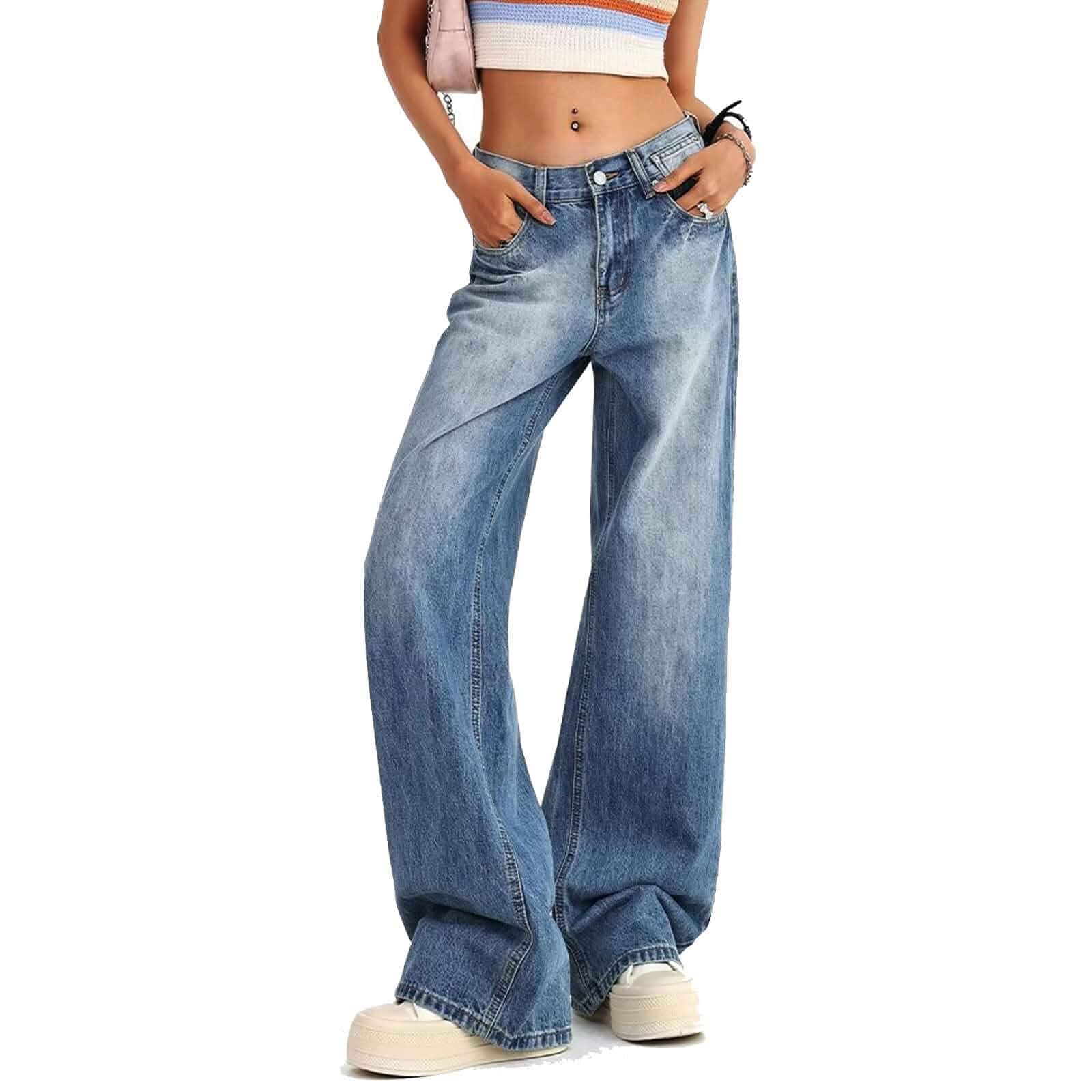 Women's Low Rise Baggy Jeans Y2K 2000s Straight Wide Leg Denim Pants Casual Loose Flare Jeans with pockets, Slightly Stretch Denim, Senior Teen Girls Fall Fashion Wear Size XS-XL