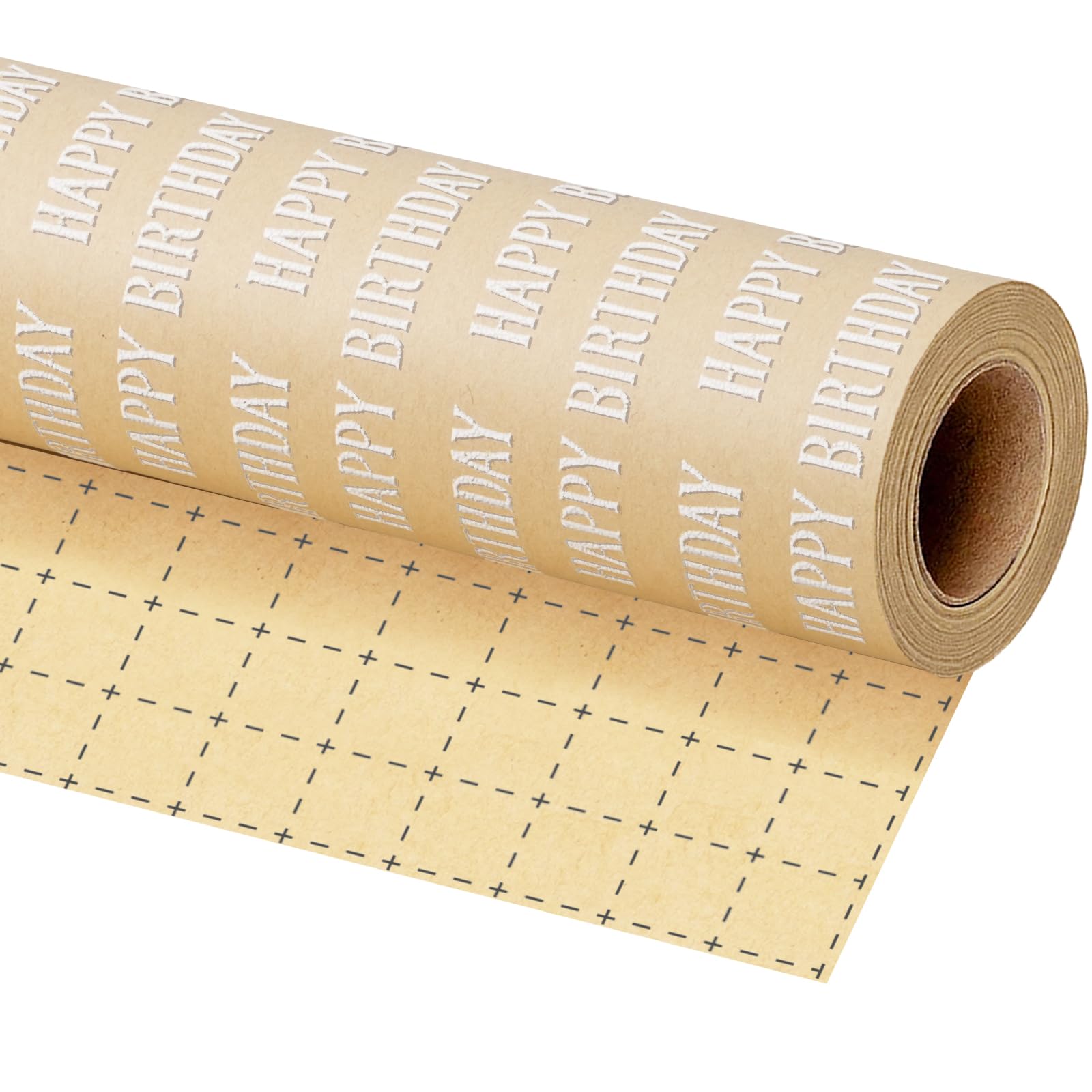 BIOBROWN Kraft Birthday Wrapping Paper Roll - 43cmX10m - Text Happy Birthday Design 3D Foam Gift Wrap Paper for Boys Girls Party Holiday Celebration