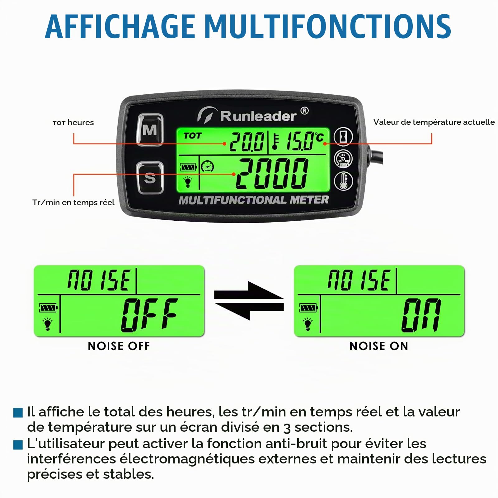 Runleader Compteur horaire numérique,jauge de température du moteur, alerte RPM et température,affichage des rétroéclairages pour tracteur de pelouse,générateur de compresseur,motoneige | RL-HM035A-TS002 Alarme RPM Et Temp,Écran Rétroéclairé,Pour Tracteur
