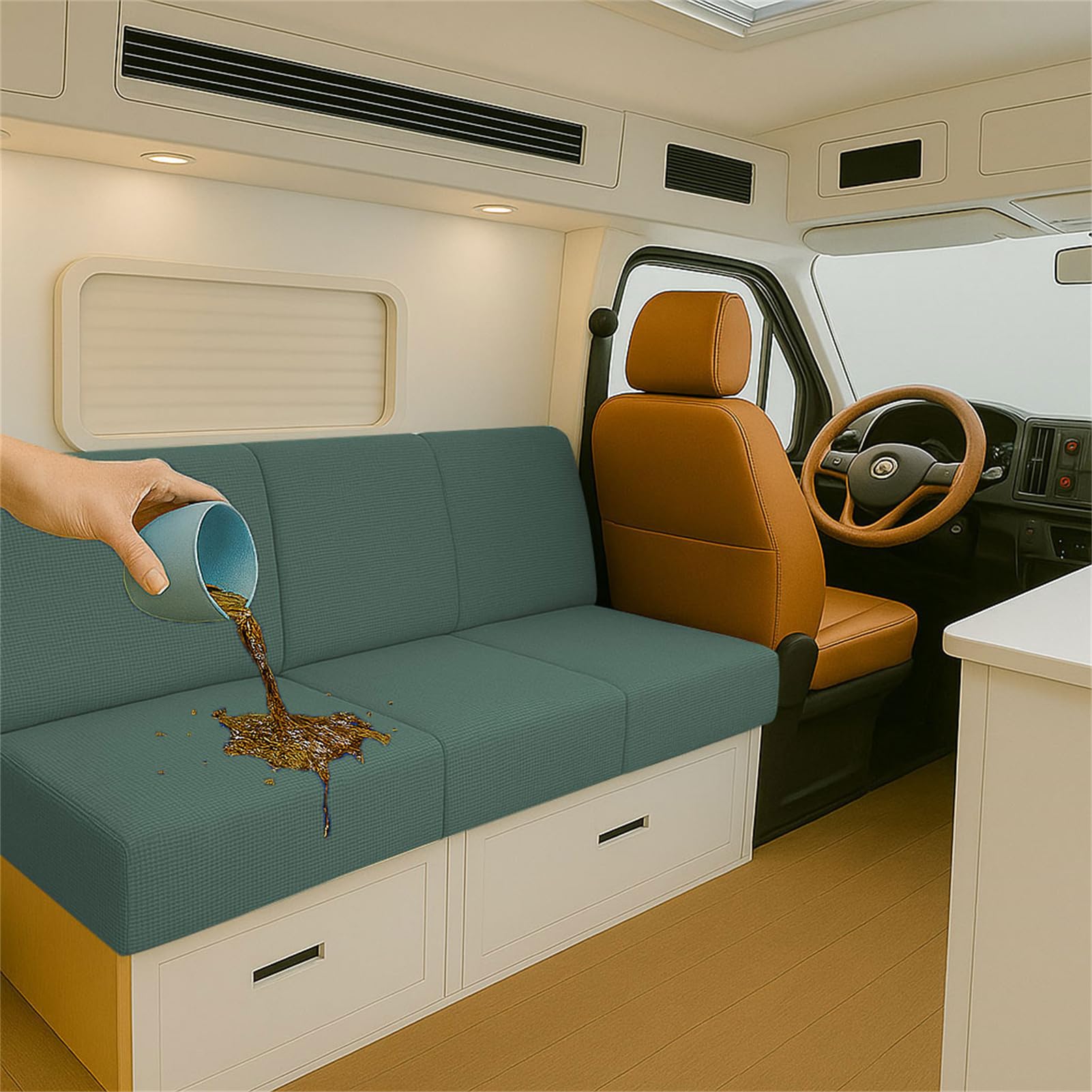 Stretch RV Cushion Seat Covers Waterproof for Caravan Bench Dinette, Jacquard Sofa Seat Protector with 2 Elastic Straps Multi Size Fitted Slipcover for Camper Indoor (Green,L130-160cm W 40-65cm)