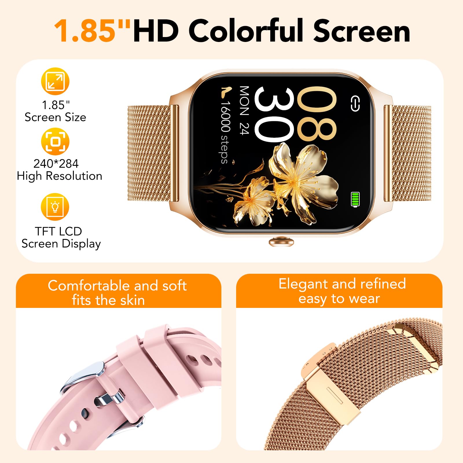 CASCHO Montre Connectée Femme avec Appel Bluetooth,1.85" HD Smartwatch Femme avec Fréquence Cardiaque/Sommeil/SpO2, IPX7 Étanche Fitness Tracker