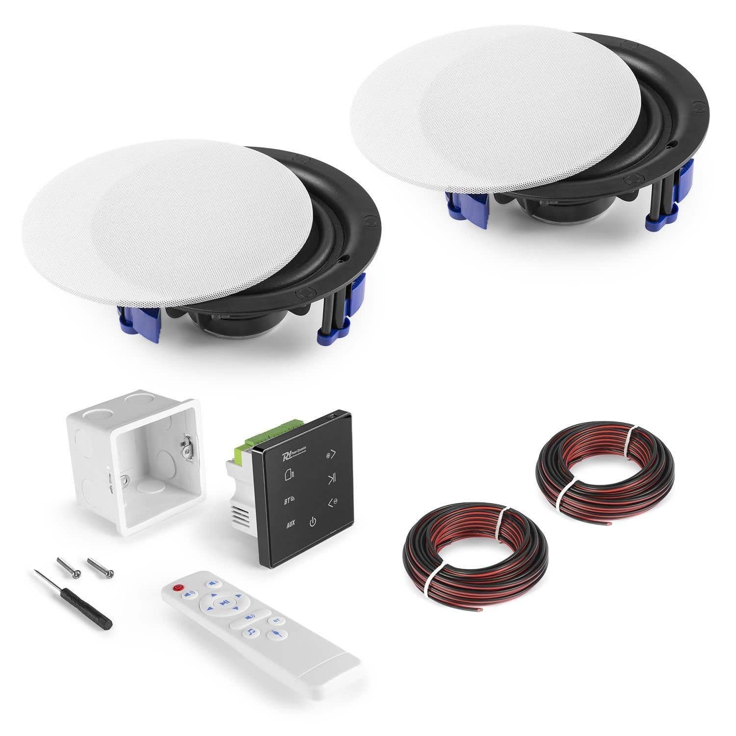 Power Dynamics Powerline A50BSET Kit Amplificador 2 x 20 W con Altavoces de Techo, Receptor inalámbrico Bluetooth, USB y Micro SD, Pantalla táctil, Incluye Mando a Distancia