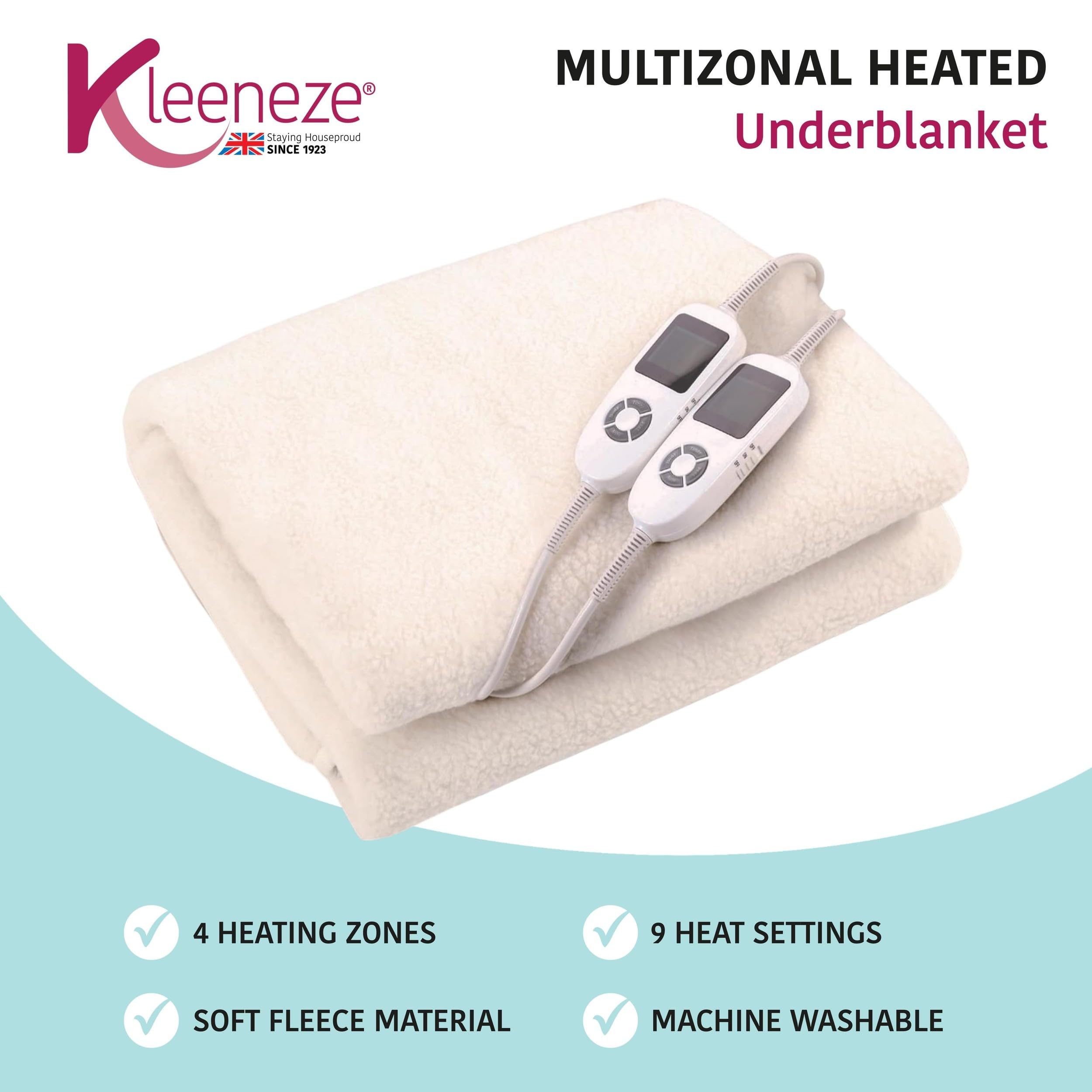Kleeneze KL3750 Couverture chauffante multizonale pour lit double, 4 zones de chauffage pour le corps et les pieds, 9 réglages de chaleur, polaire douce, lavable en machine, 2 contrôleurs, minuterie