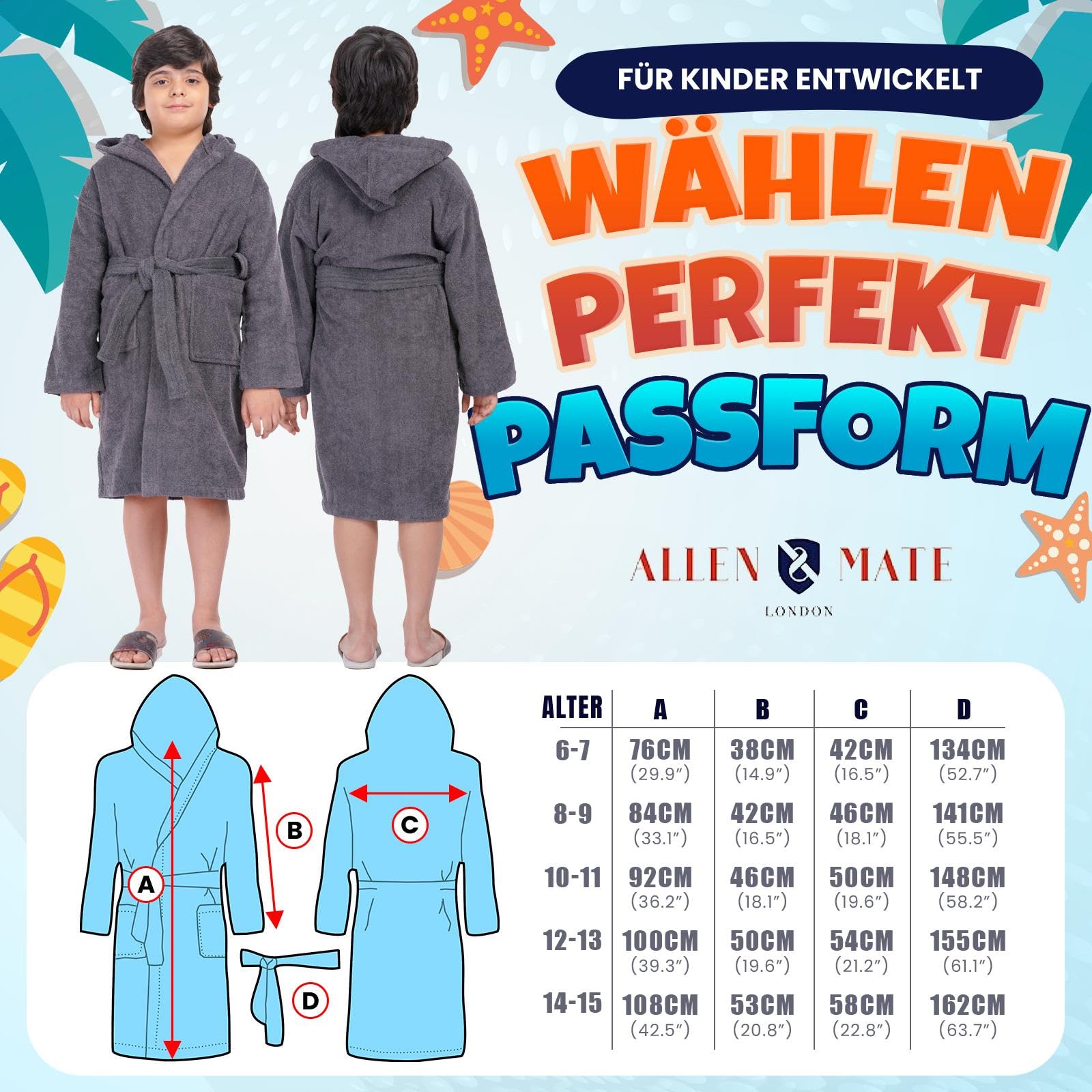 ALLEN & MATE 100% BAUMWOLLE Kinderbademantel mit Kapuze schnelltrocknend für Kinder Jungen und Mädchen Morgenmantel mit Handtuch und Taschen