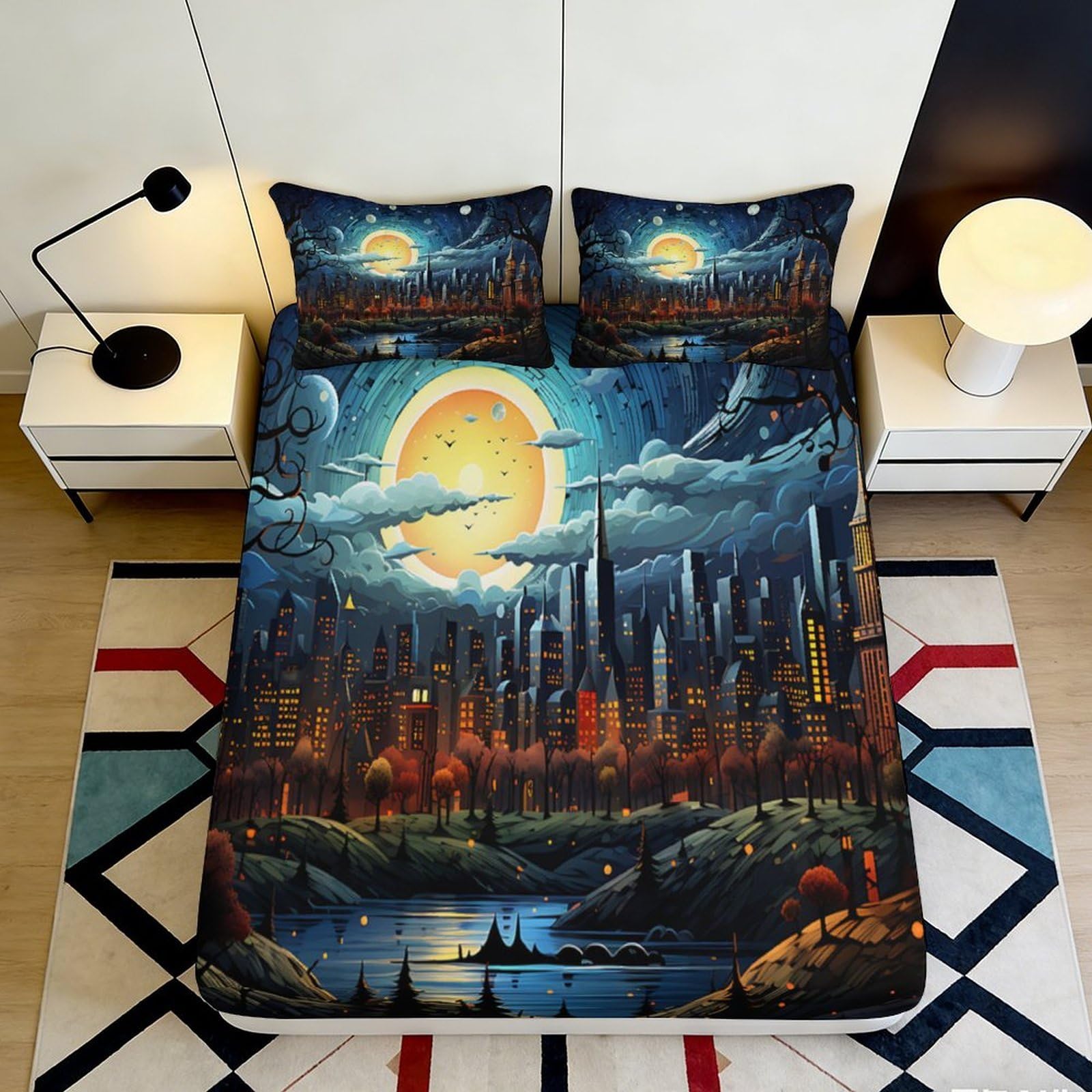 3D Printed Fantasy Night City Fitted Sheet Microfiber Soft Dark Skyline Mattress Cover Bedroom Decor 90x200x25cm