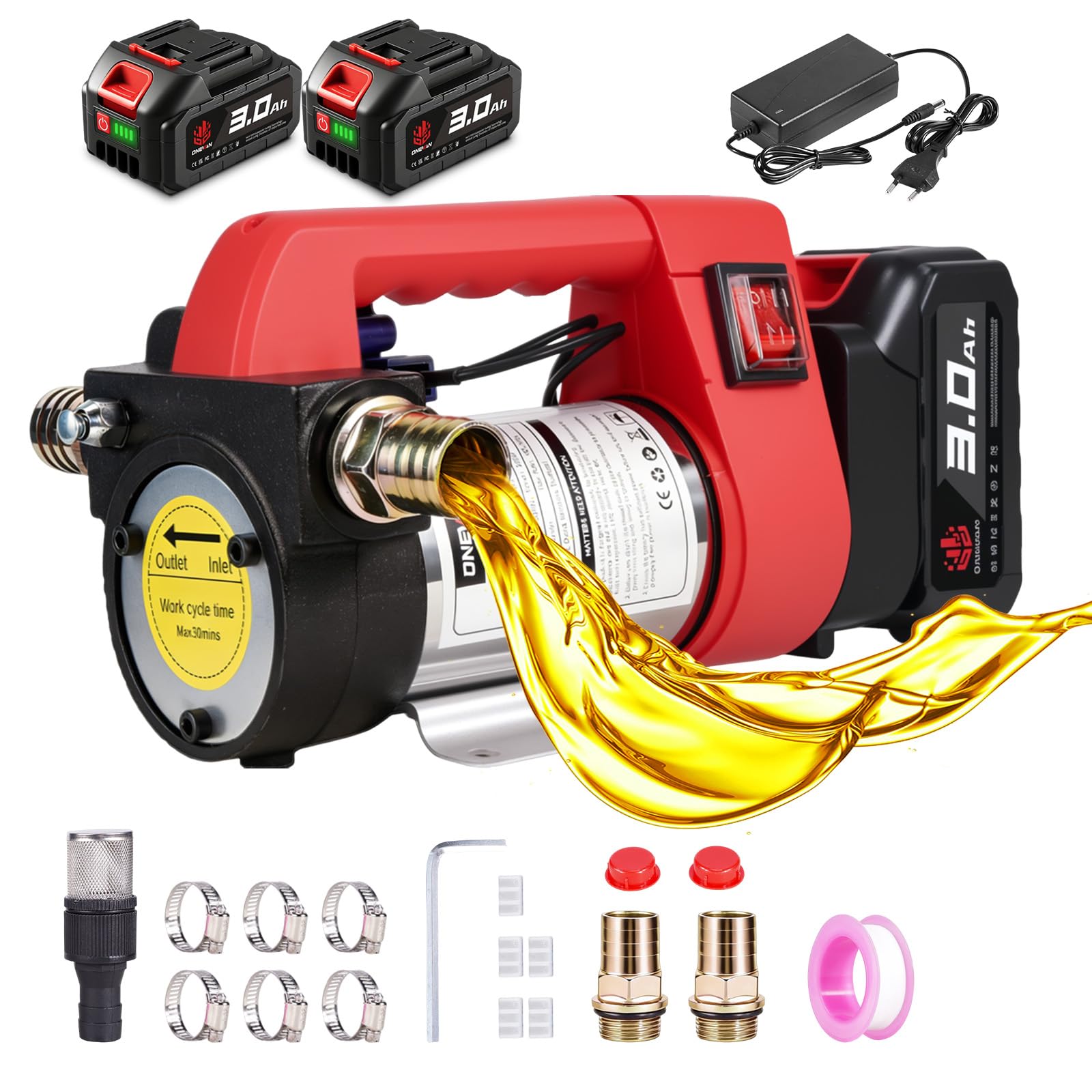 ONEVAN Pompa diesel elettrica 50 l/min, pompa del carburante senza fili e pompa diesel portatile con 2 batterie da 3,0 Ah, per diesel e cherosene (non per acqua/benzina), ideale per trattori, camion