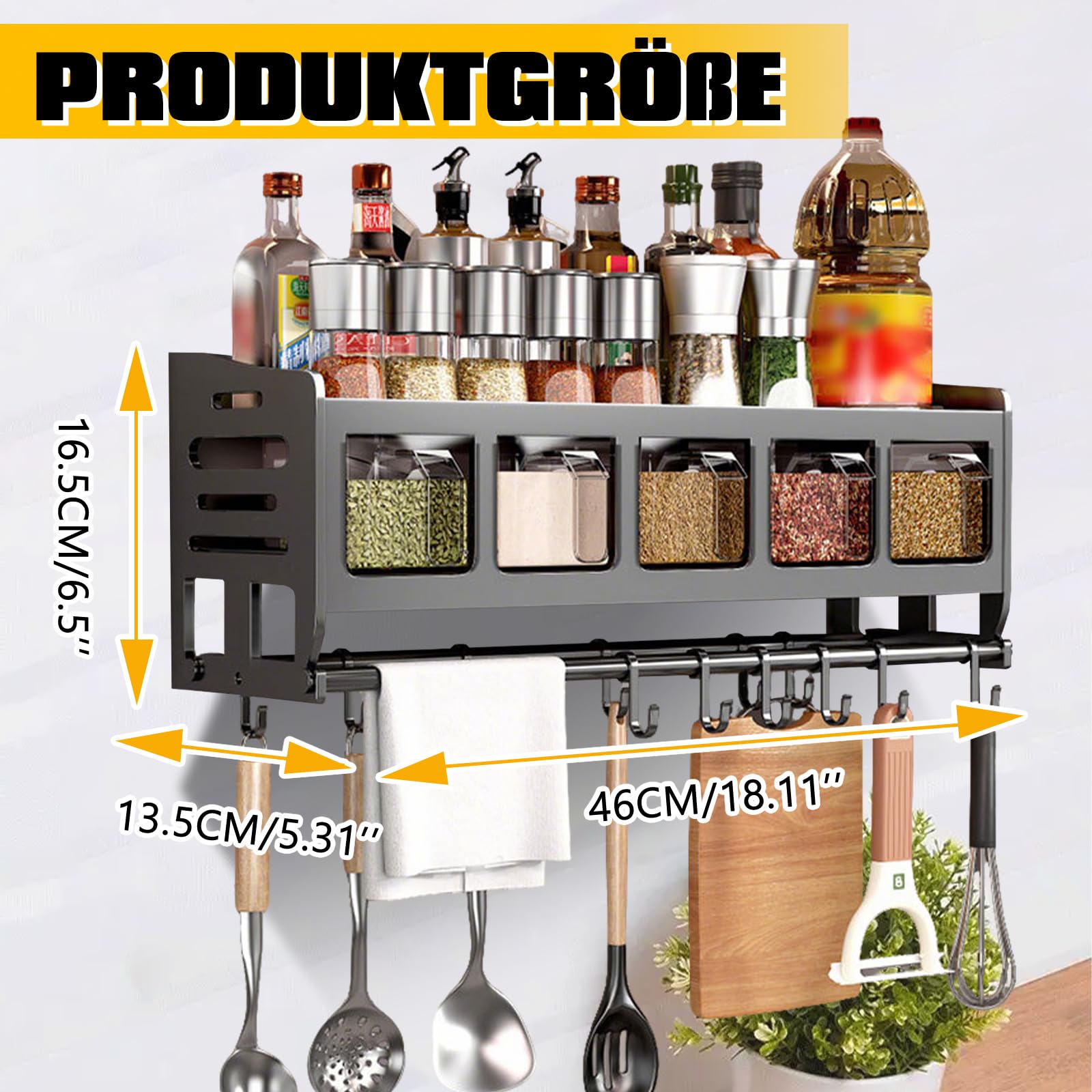 Estantería para especias de cocina con botes de especias, soporte para especias de pie y pared, con estante, soporte para papel de cocina y 12 ganchos, organizador de especias colgante con