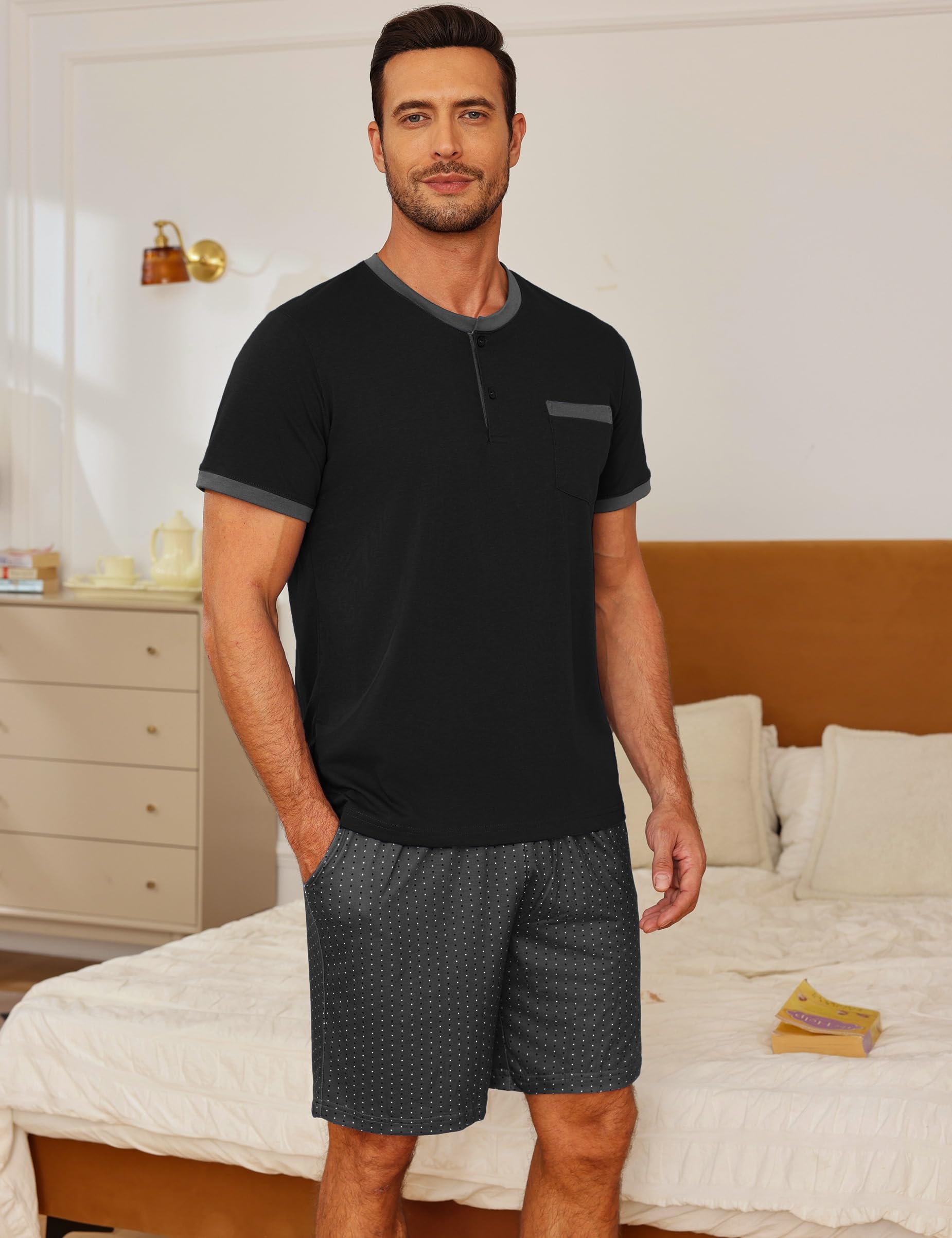 Schlafanzug Herren kurz Karomuster Schlafhose Männer Pyjama Sommer Henleykragen Schlafanzüge für Herren Pyjamashort Nachtwäsche Zweiteiler