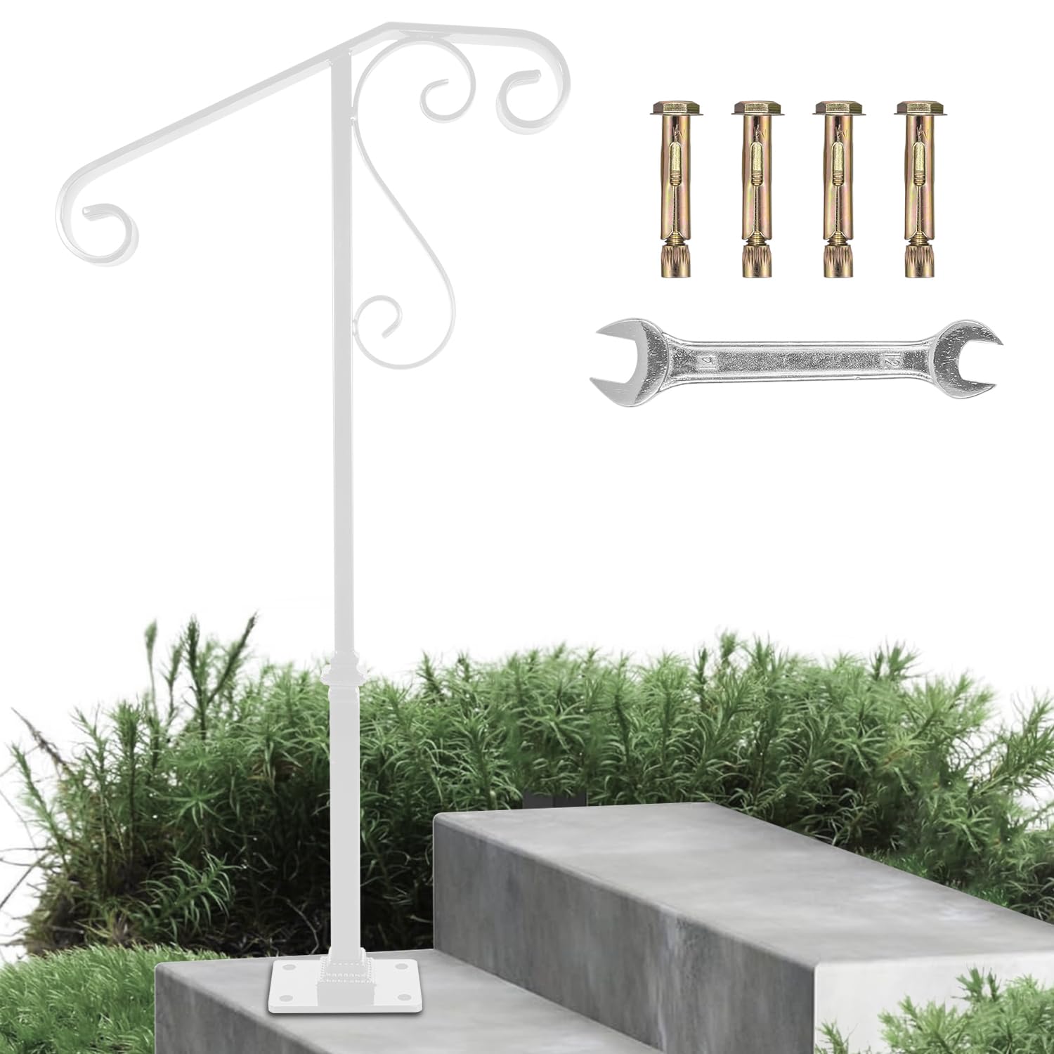 Handrails for Outdoor Steps, Single Post Wrought Iron Handrail Fits 1 or 2 Steps Outdoor Stair Railing, Transitional Porch Railings for Concrete Steps