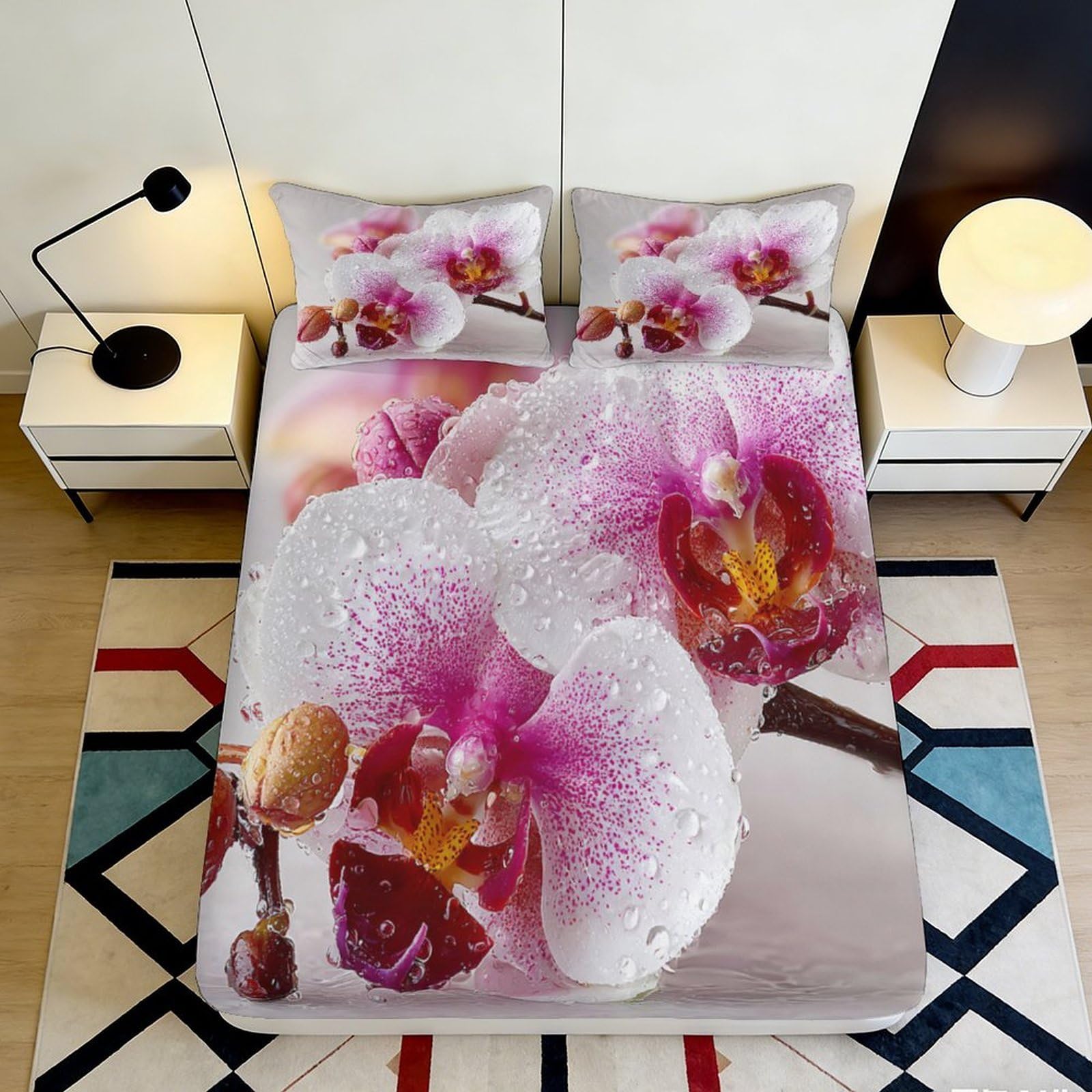 3D Printed Orchid Flower Fitted Sheet Microfiber Soft Pink White Blossom Mattress Cover for Bedroom Guestroom Decor 160x200x25cm