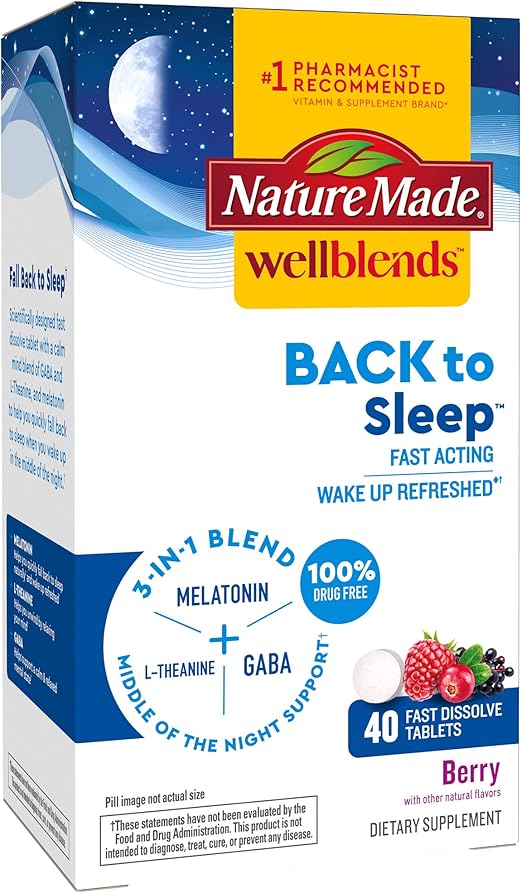 Nature Made Wellblends Back to Sleep, Melatonin 1 mg, L theanine 100 mg, and GABA 100mg, Sleep Supplement, 40 Fast Dissolve Tablets