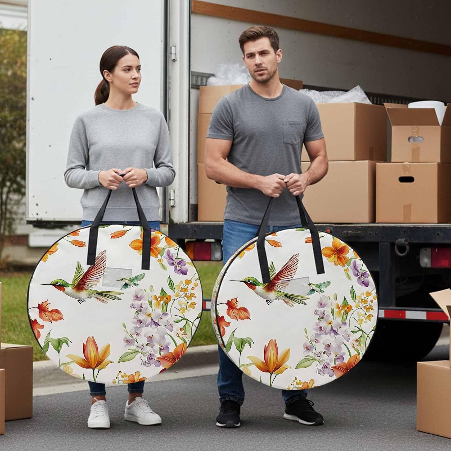 Spring Flower Bird Round Storage Bag 36 Inch, Hummingbird Floral Countryside Retro Clothes Storage Container with Handles Heavy Duty Organizer for Comforter, Bedding & Holiday Wreaths