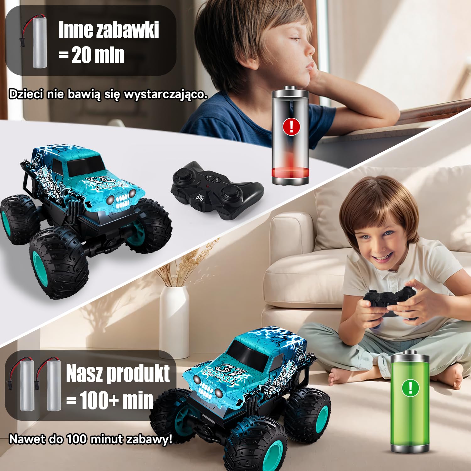 Halloween Monster Truck zdalnie sterowany, 1/20 Monster Truck z chodzeniem w pozycji pionowej i obrotem o 360°, 20 km/h, zdalnie sterowany samochód z oświetleniem LED i muzyką, zabawka na Halloween i