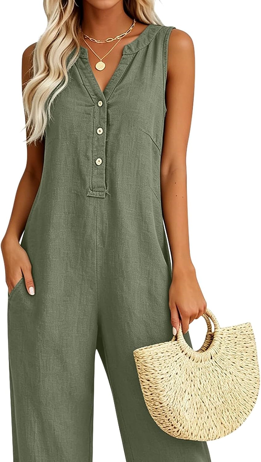 Women Button Down V Neck Jumpsuits Cotton Linen Sleeveless Casual Wide Legs Rompers Loose Beach Overall with Pockets