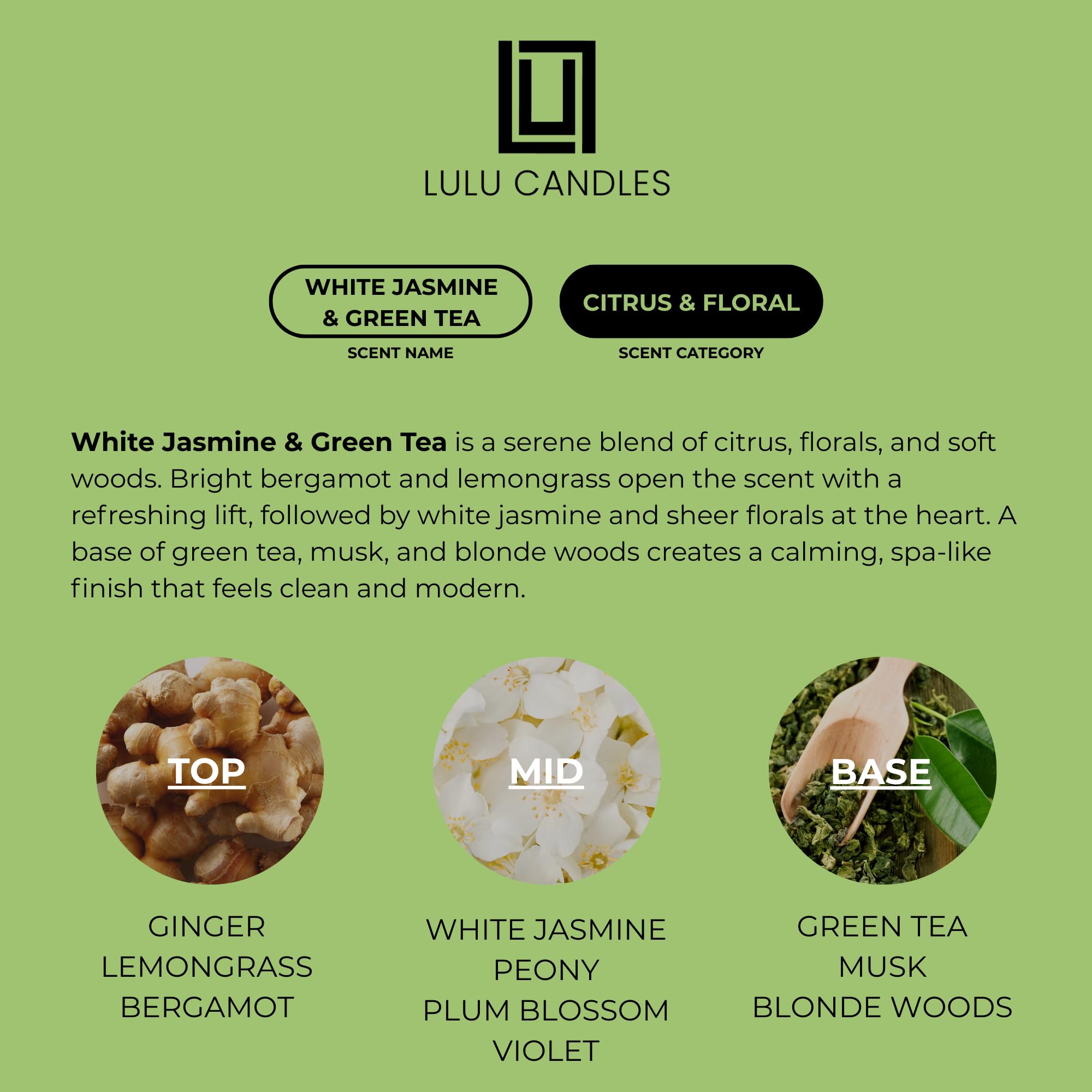Lulu Candles | Biały jaśmin i zielona herbata | Luksusowo pachnące świece sojowe | Ręcznie odlewane w USA, silnie pachnące i trwałe, 2 szt