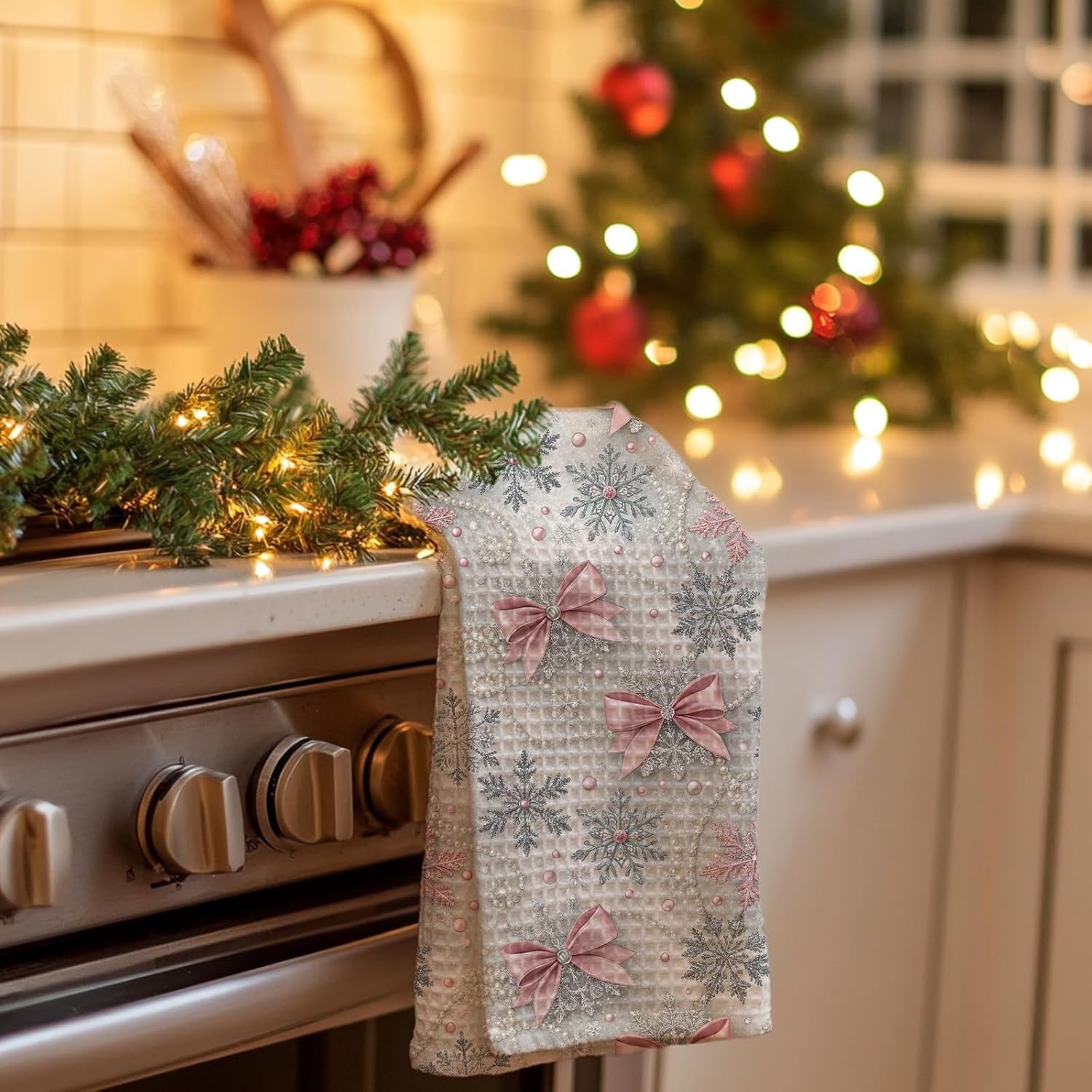 Coquette Pink Bow Christmas Snowflake Kitchen Towels Set of 2, Preppy Christmas Winter Hand Towels for Bathroom Kitchen, Pink and Silver Xmas Decorative Dish Tea Towel Dishcloth, 16x24 Inch - Image 4