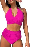Conjunto de biquíni para mulheres, cintura alta, controle de barriga, duas peças, frente única, cruzado, com cadarços, trajes de banho 2024